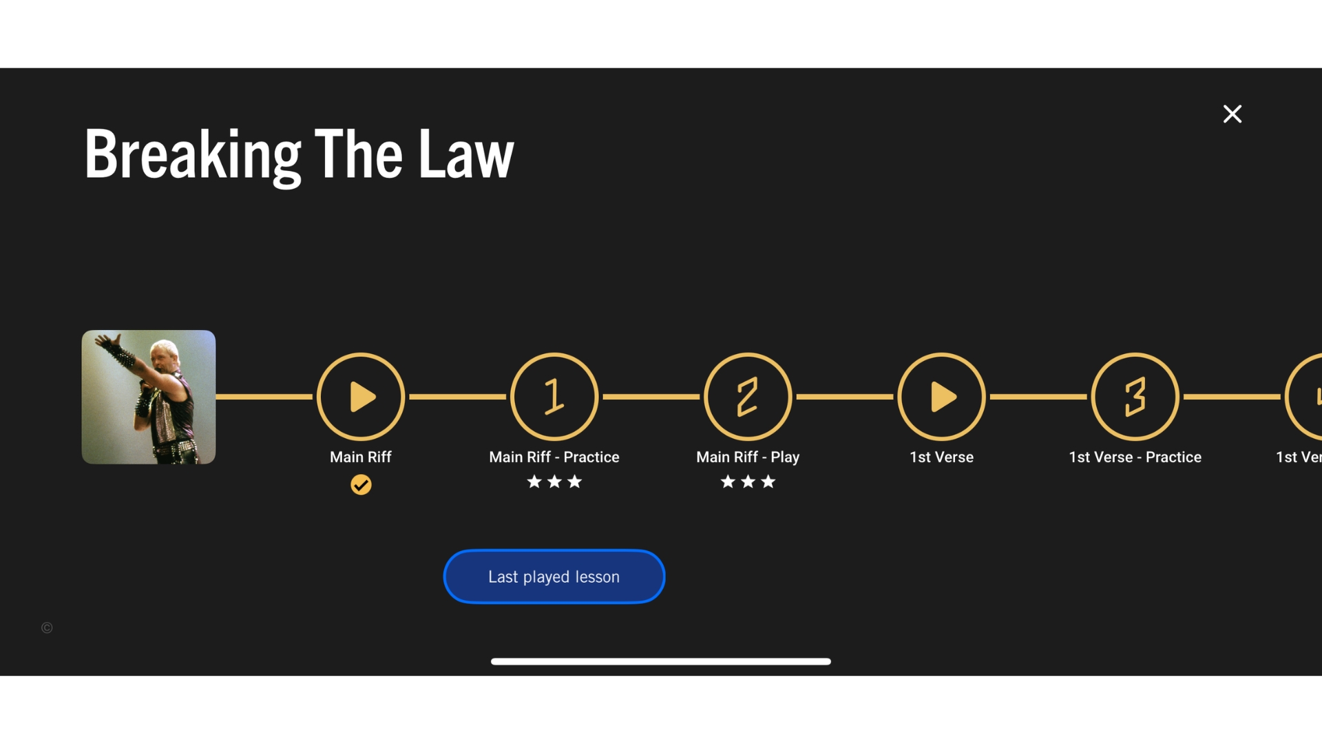 A screenshot of the Gibson app showing a song breakdown of Judas Priest's 'Breaking The Law'