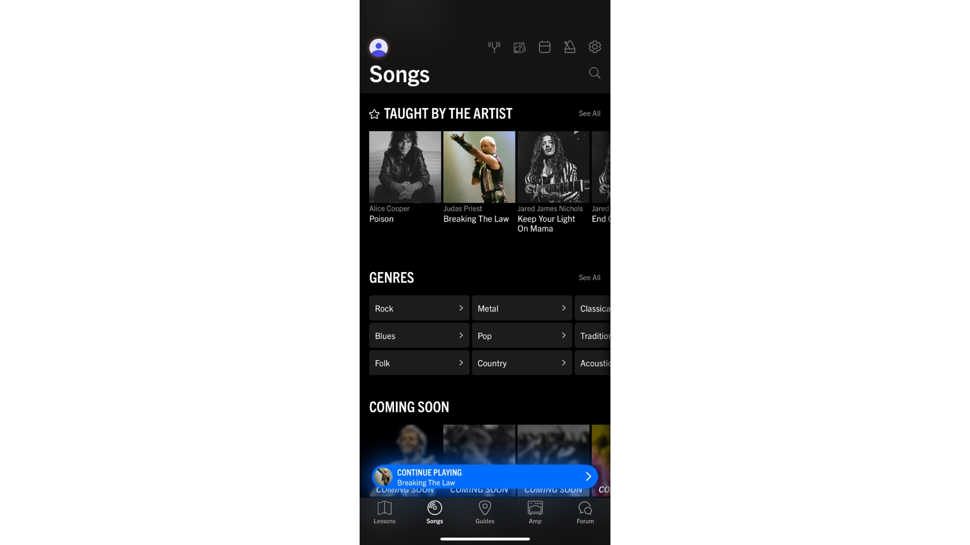 A screenshot of the Gibson guitar lessons app showing the song choices