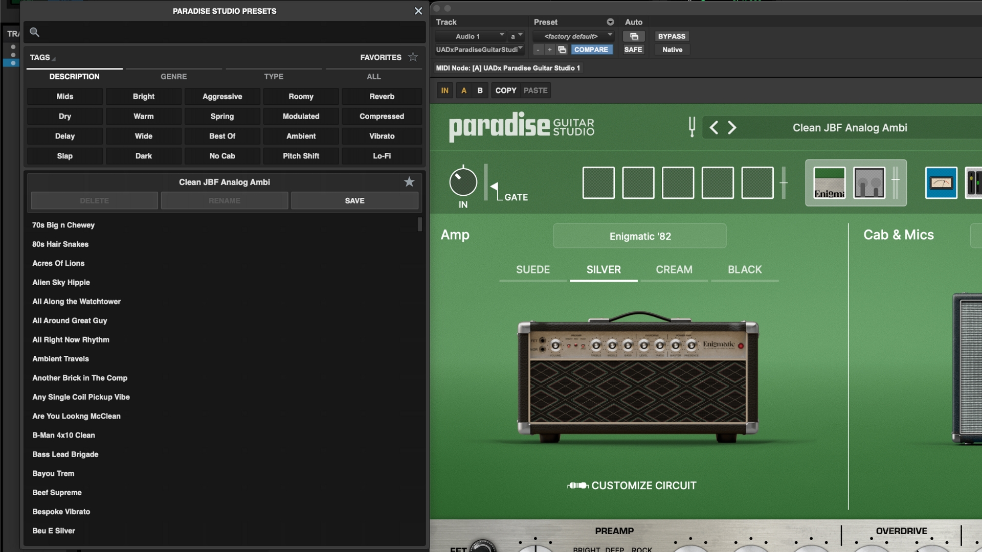 A screenshot of the preset browser in Universal Audio Paradise Guitar Studio plugin