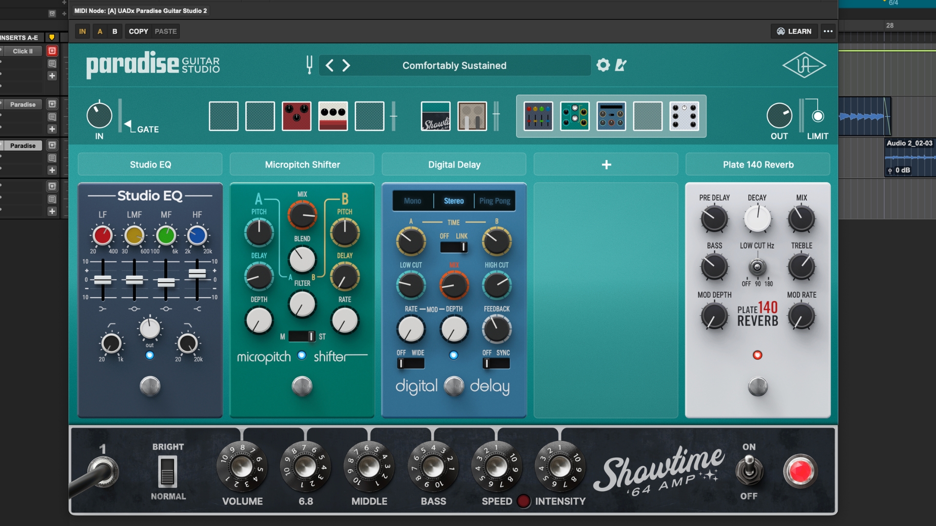 A post-fx section of the Universal Audio Paradise Guitar Studio plugin