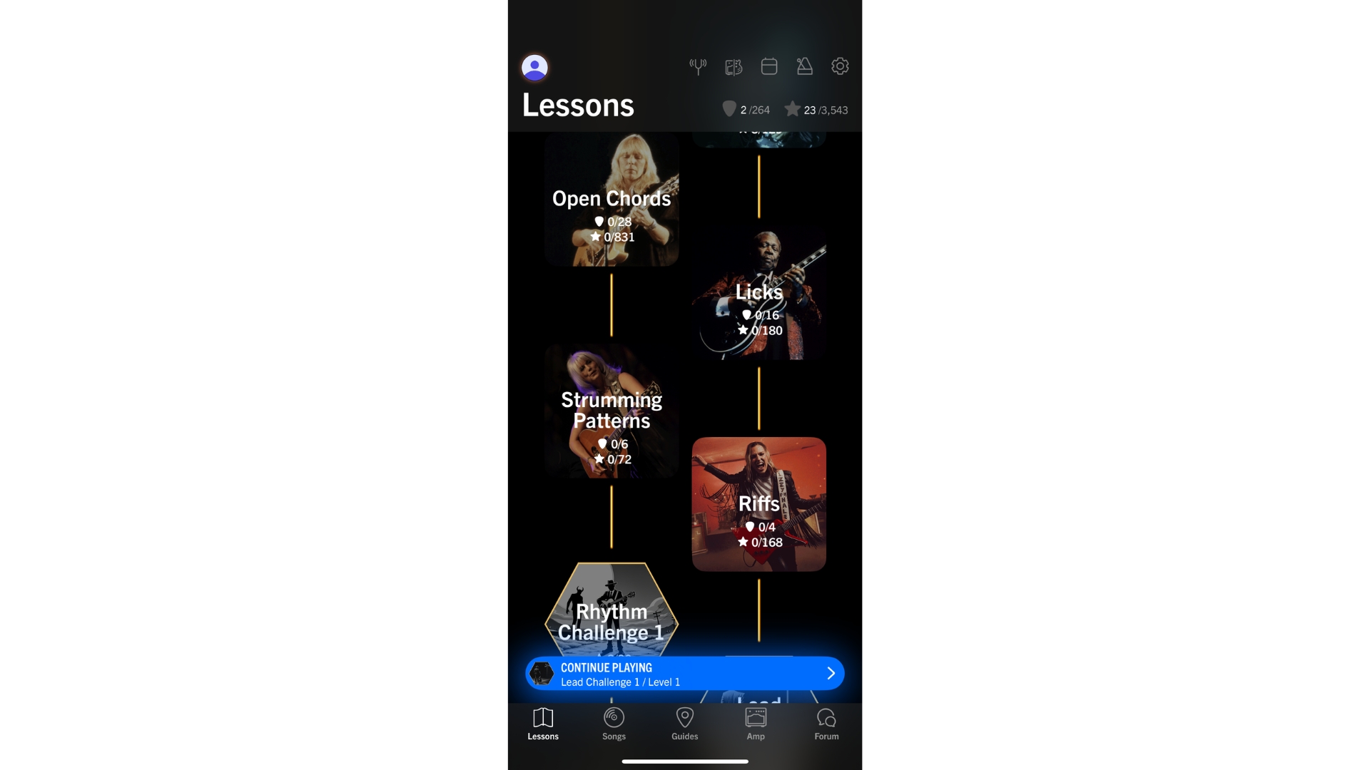 A screenshot showing the Gibson guitar lessons app learning pathway