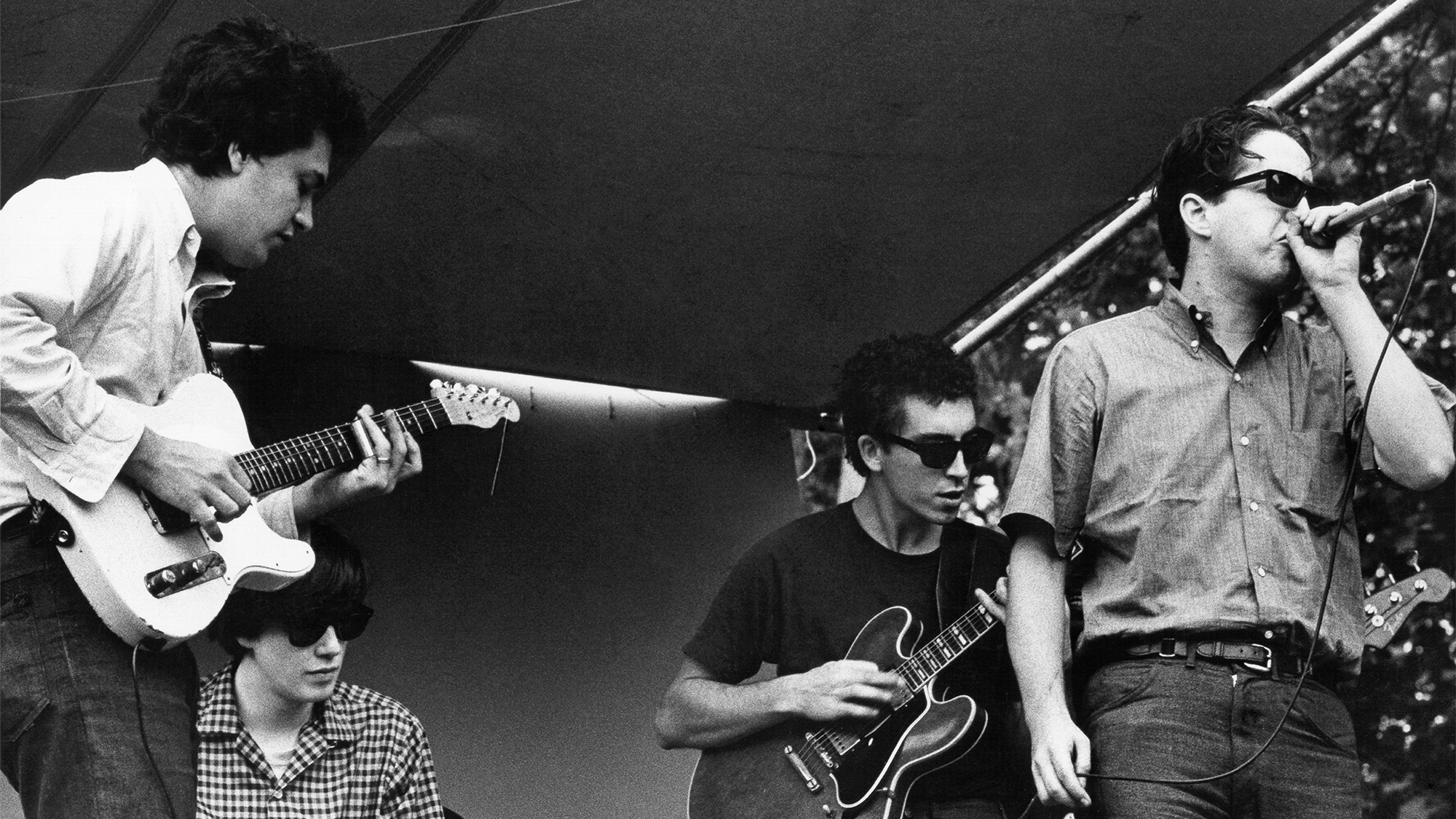 CIRCA 1965: (L-R) Mike Bloomfield, Mark Naftalin, Elvin Bishop and Paul Butterfield of the "Butterfield Blues Band" perform onstage at a festival in circa 1965.