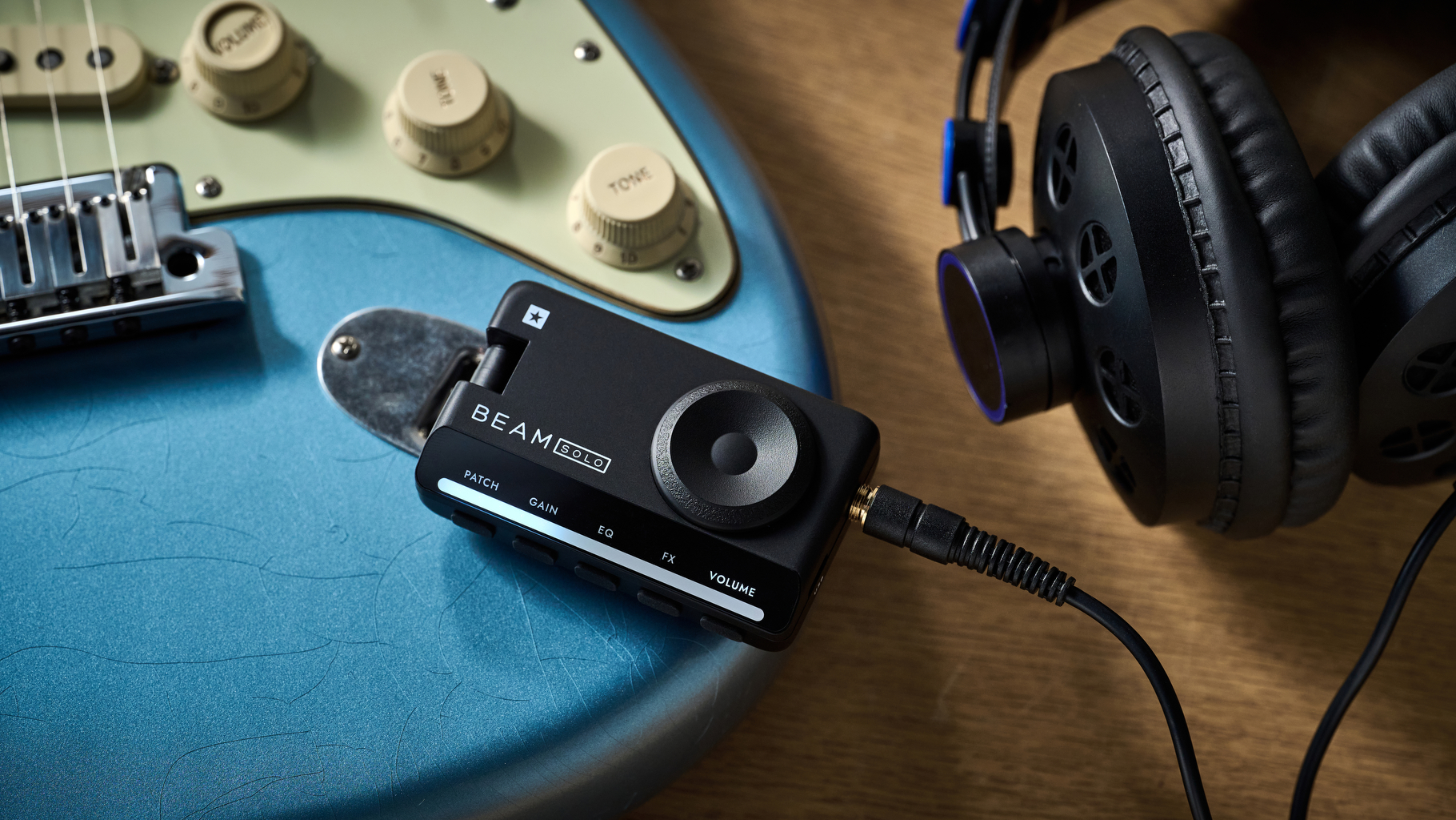 A Blackstar Beam Solo headphone amp for guitar plugged into a Stratocaster