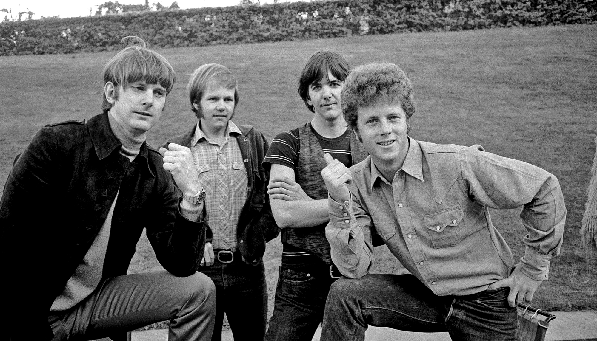 The new-look Byrds return to Britain after 3 years. l to r- Roger McGuinn, Kevin Kelley, Gram Parsons and Chris Hillman, May 1968.