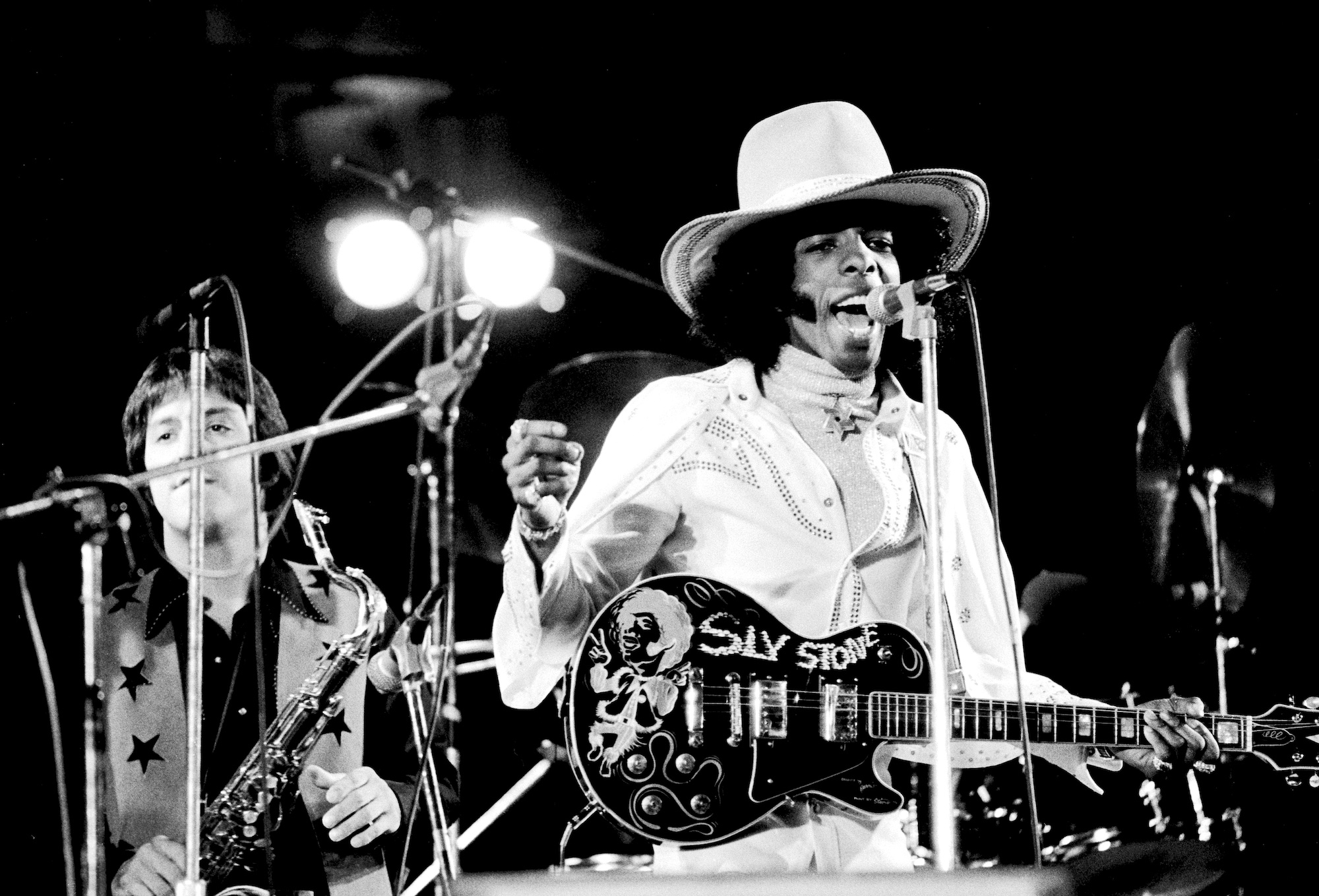 Sly Stone of Sly &amp; the Family Stone performs onstage at White City Stadium in London on July 15, 1973