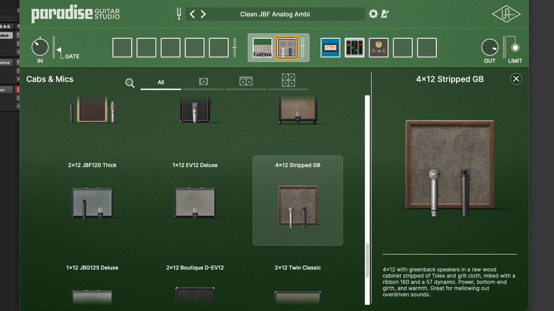 The cab selection screen of the Universal Audio Paradise Guitar Studio guitar plugin
