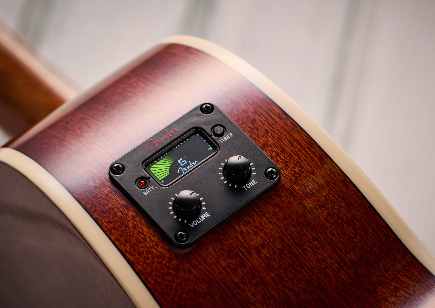 The built-in tuner on the Fender California Standard Monterey E acoustic guitar