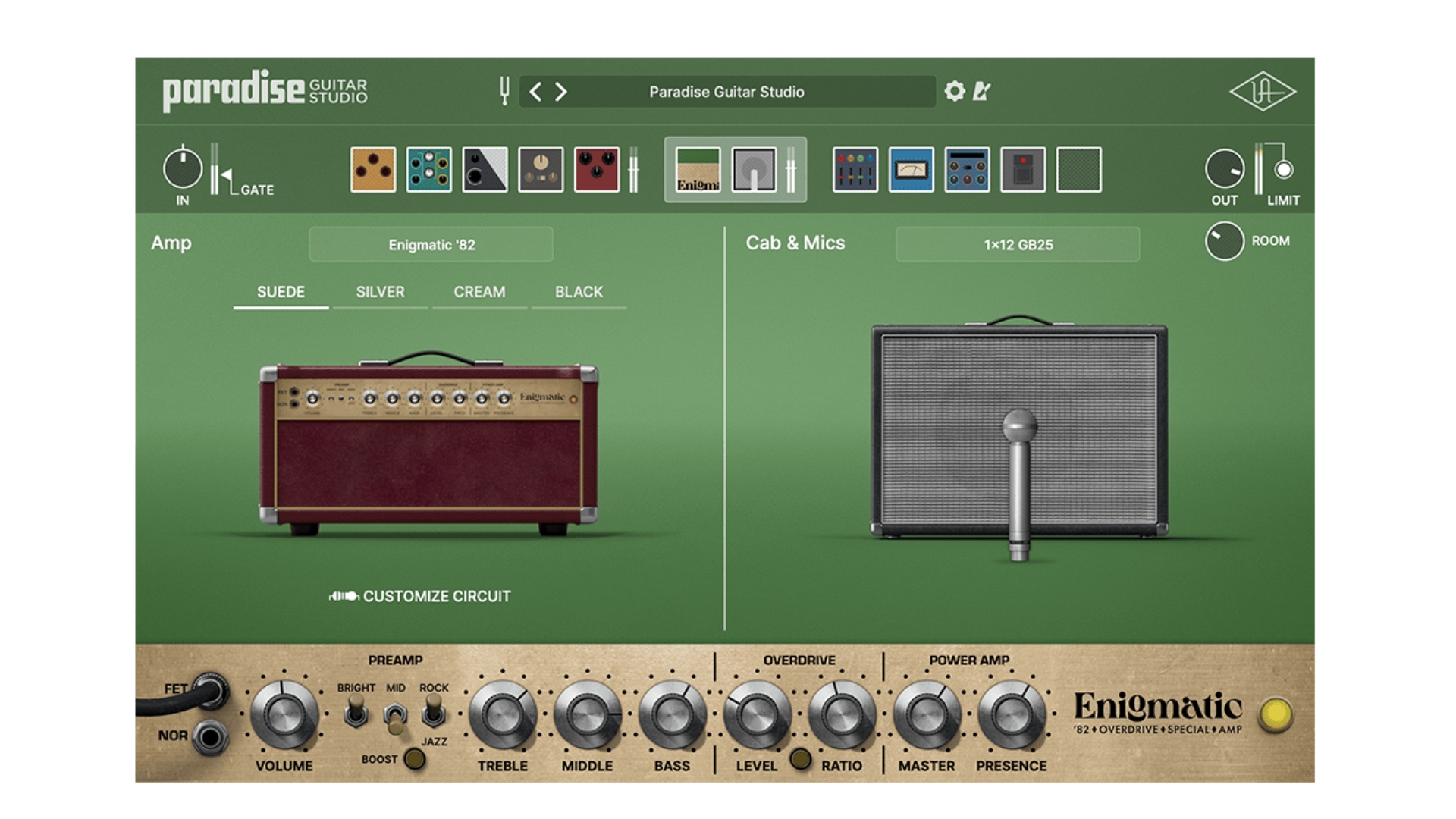 A screenshot of Universal Audio Paradise Guitar Studio plugin