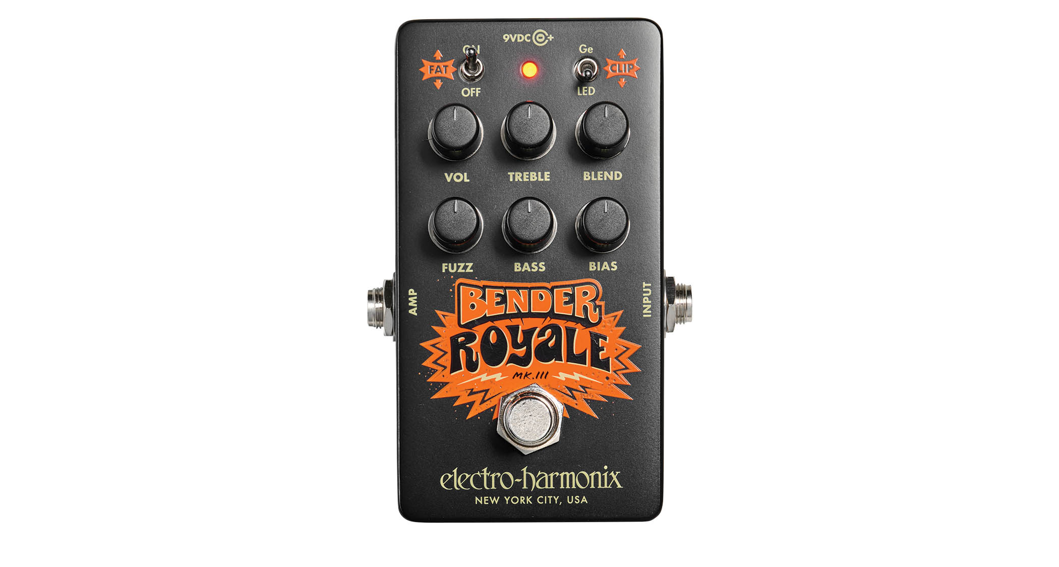 Electro-Harmonix Bender Royale &ndash; the feature-packed fuzz pedal is finished in a black enclosure with orange graphics/text, and is photographed here in warm tones against a wooden background.