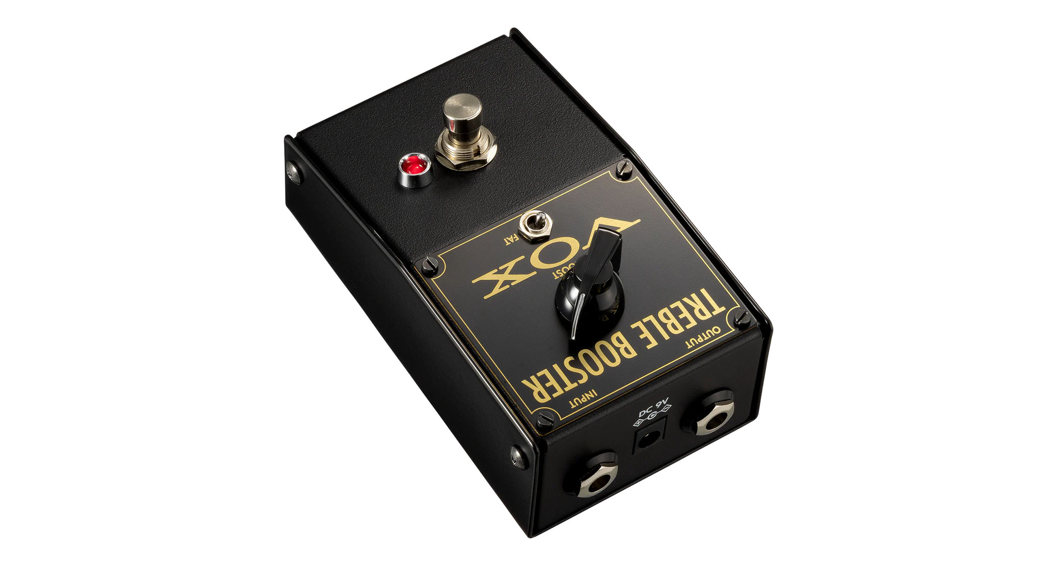 The Vox VTB-1 Treble Booster is a Rangemaster-inspired pedal that features a single chicken-head dial and a Fat switch, and has gold text on a black paint job.
