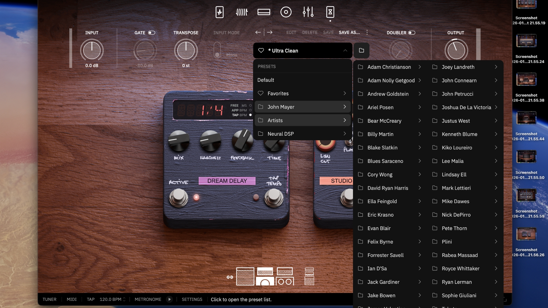 The preset list from the Neural DSP Archetype John Mayer X guitar plugin