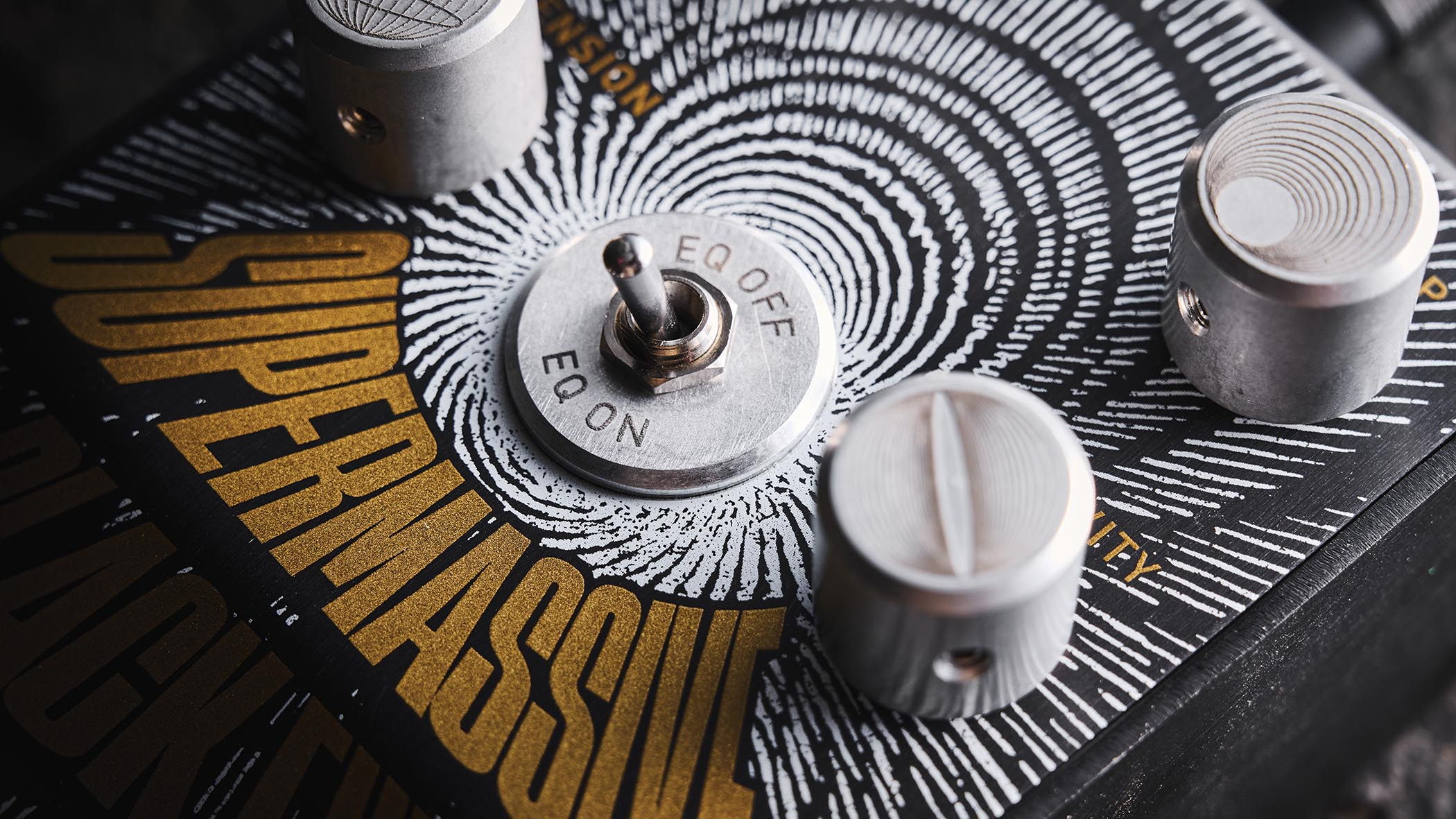 The Manson Guitar Works Supermassive Black Fuzz has control knobs crafted from exceedingly strong 6082 T6 aluminium and each is engraved with unique custom art to&nbsp;represent its function