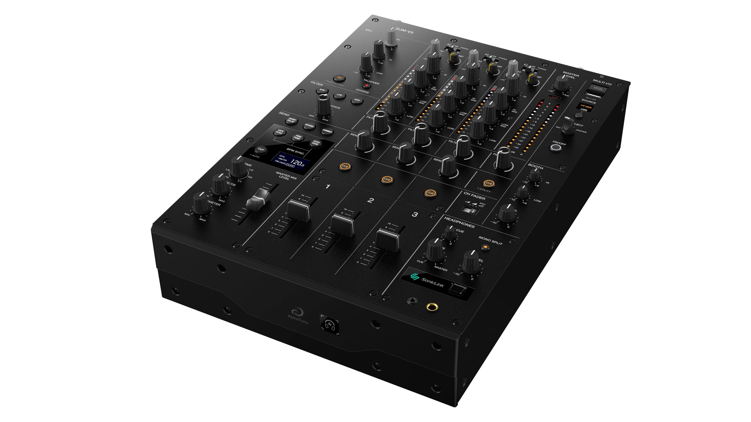 AlphaTheta’s DJM-V5 offers a smaller, budget-friendly version of its premium V10 DJ mixer, featuring enhanced effects that facilitate innovative performance styles.]