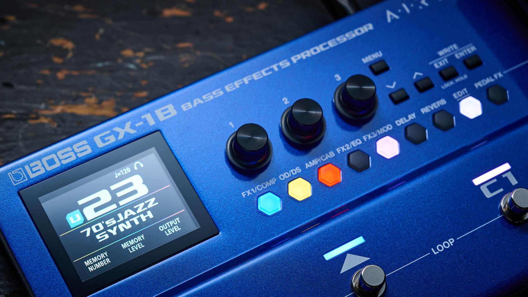 Boss GX-1B, the multi-effects pedal designed specifically for bass has a blue enclosure, three assignable footswitches and an integrated expression pedal &ndash; and it's digital display is easy to read.