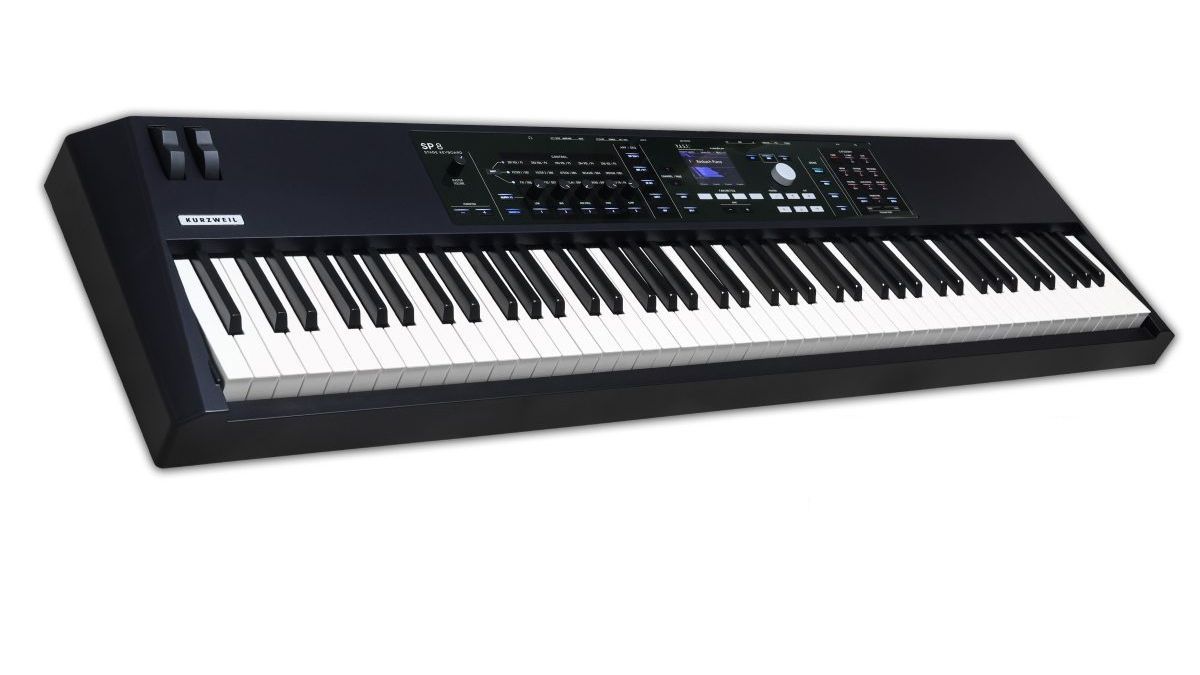 "Dynamic Sound, Instant Control, and Unwavering Reliability": Kurzweil's SP8 is a durable stage piano designed for performers, doubling as a robust synthesizer.]