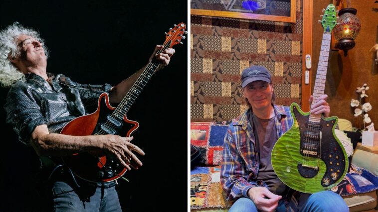 "I encountered the Red Special and asked, 'Is that the one?' to which Brian replied, 'Yep. Do you want to give it a go?' Steve Vai humorously recalls playing Brian May’s guitar 'like a baby giraffe on roller skates'—now the Queen legend has presented him with his own custom 'Green' version of the Red Special."]