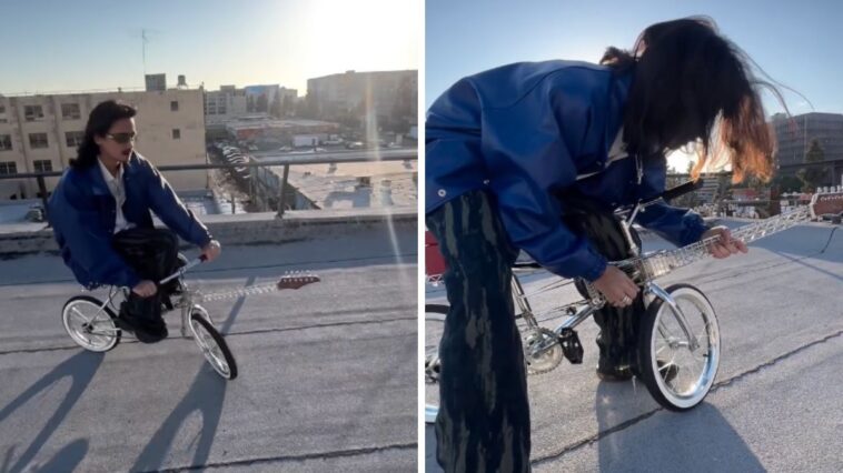 LA Band Undecided Future Collaborates with Olmos Guitarras on a Bicycle Guitar]