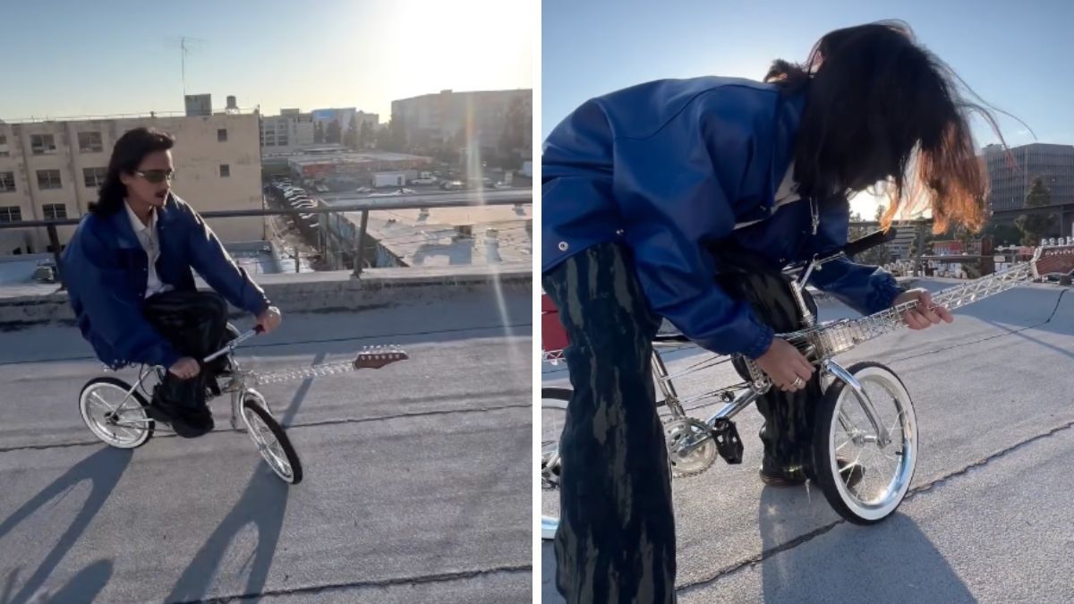 LA Band Undecided Future Collaborates with Olmos Guitarras on a Bicycle Guitar]