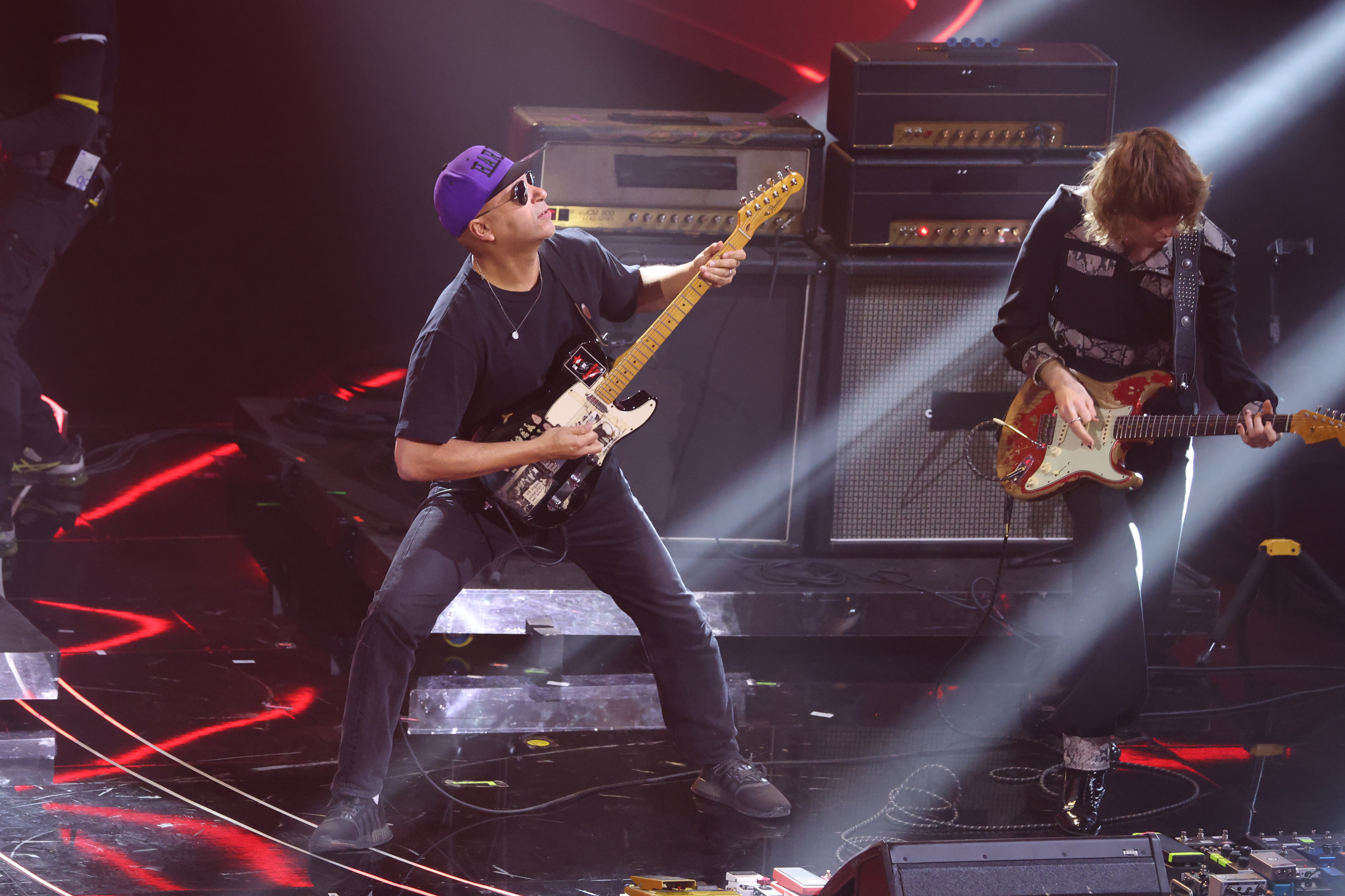 SANREMO, ITALY - FEBRUARY 09: Tom Morello and Thomas Raggi attend the 73rd Sanremo Music Festival 2023 at Teatro Ariston on February 09, 2023 in Sanremo, Italy. (Photo by Daniele Venturelli/Daniele Venturelli/Getty Images )