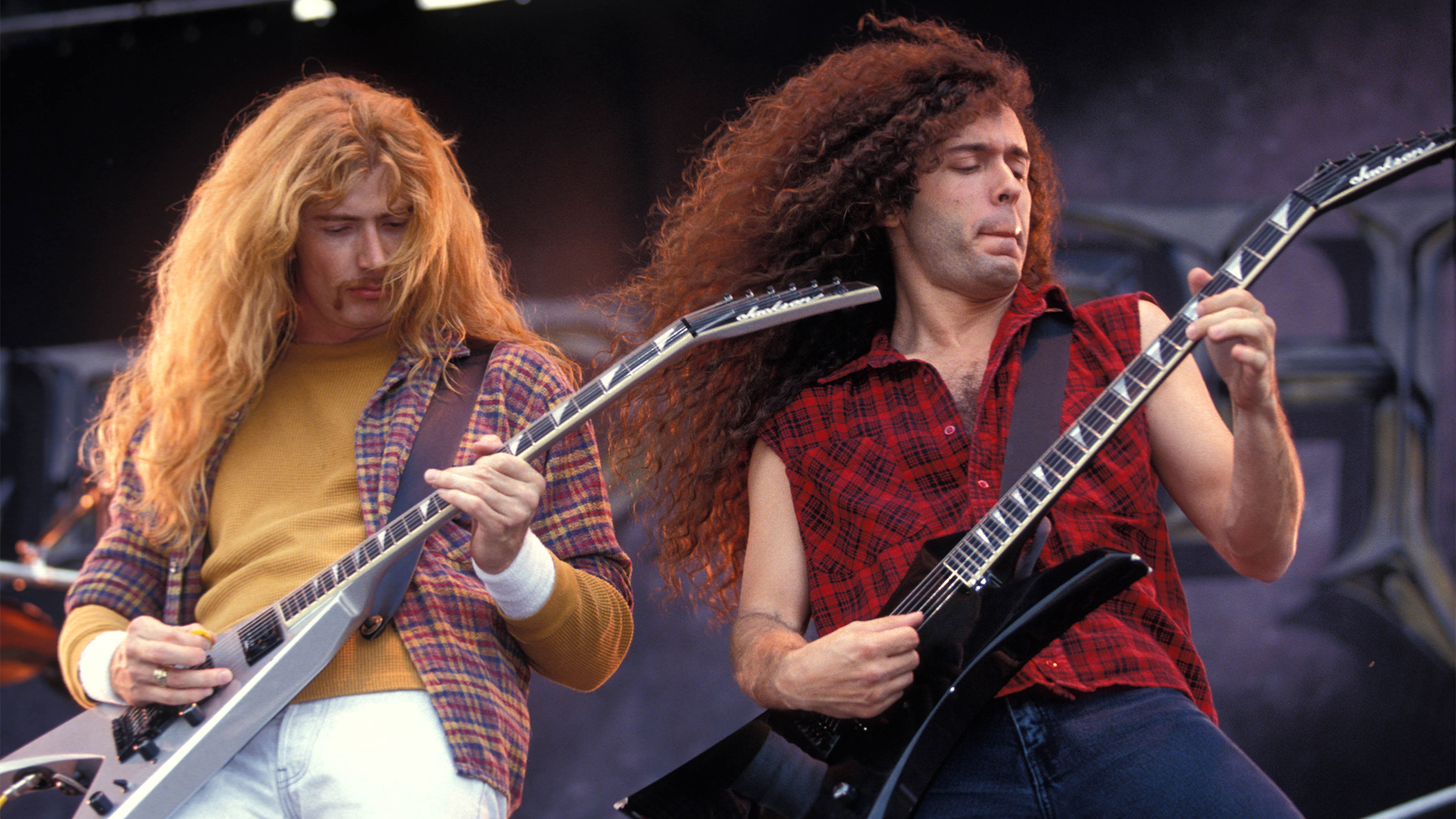 Dave Mustaine, Marty Friedman performing live on stage in 1990