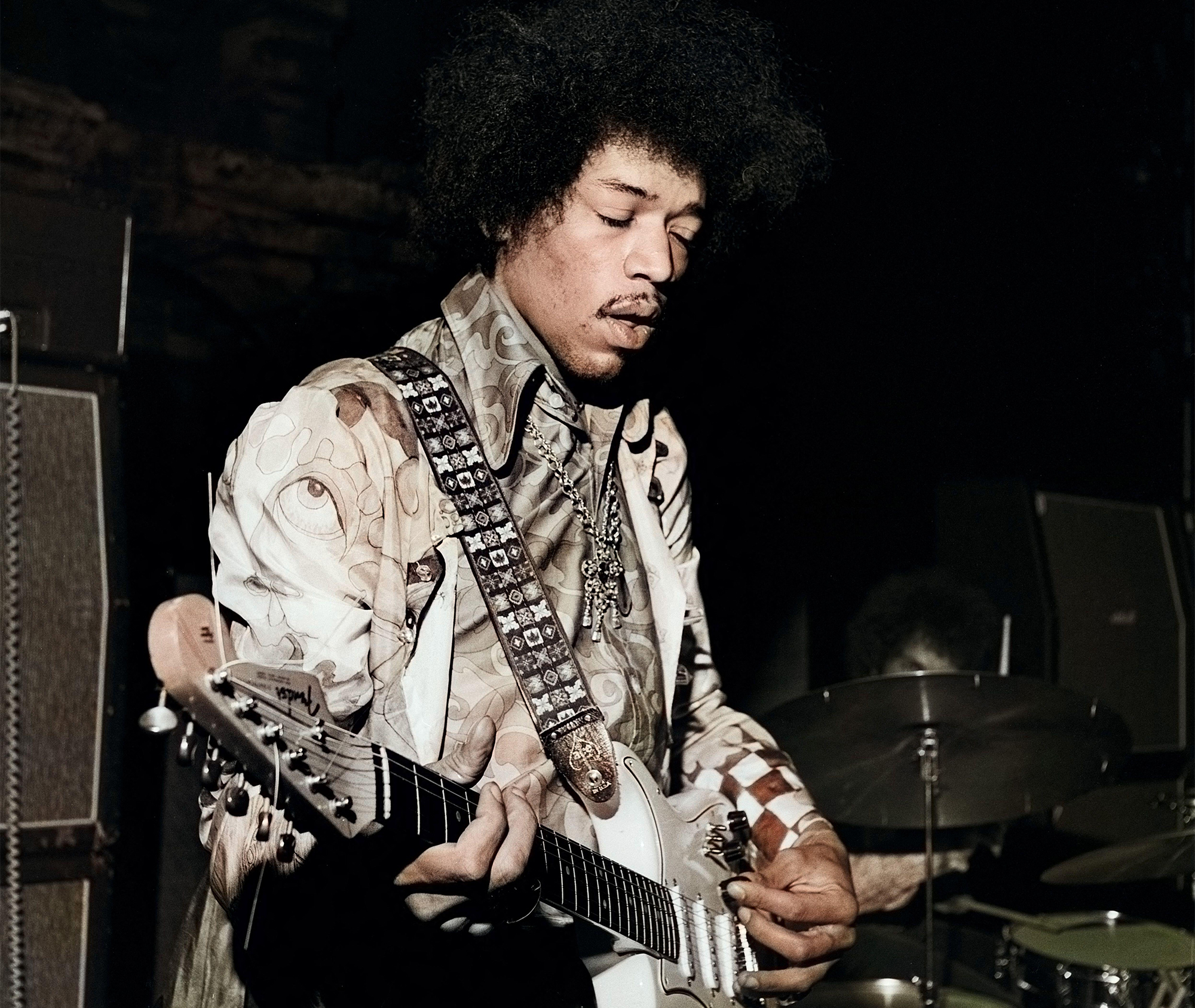 Jimi Hendrix doing soundcheck before performing at Saville Theatre in London, United Kingdom 1967.