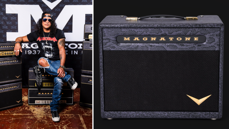 "With a punch that rivals amplifiers three times its size, Slash's new Magnatone Lil' Viper 8-watt combo holds its own against the competition."]