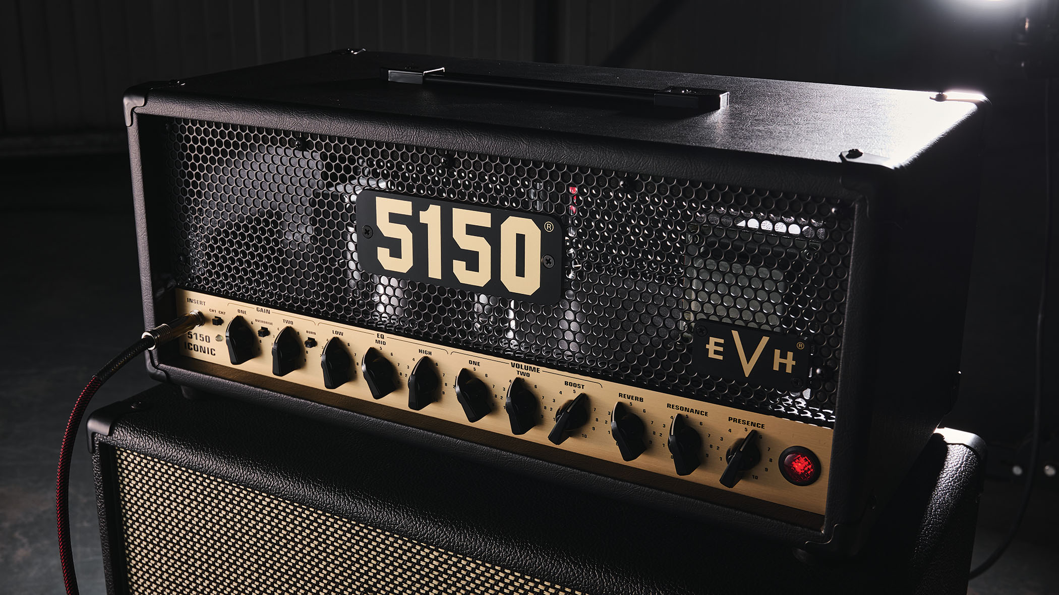EVH 5150 Iconic Series 15-watt head: the black amp with gold control panel is photographed in close-up