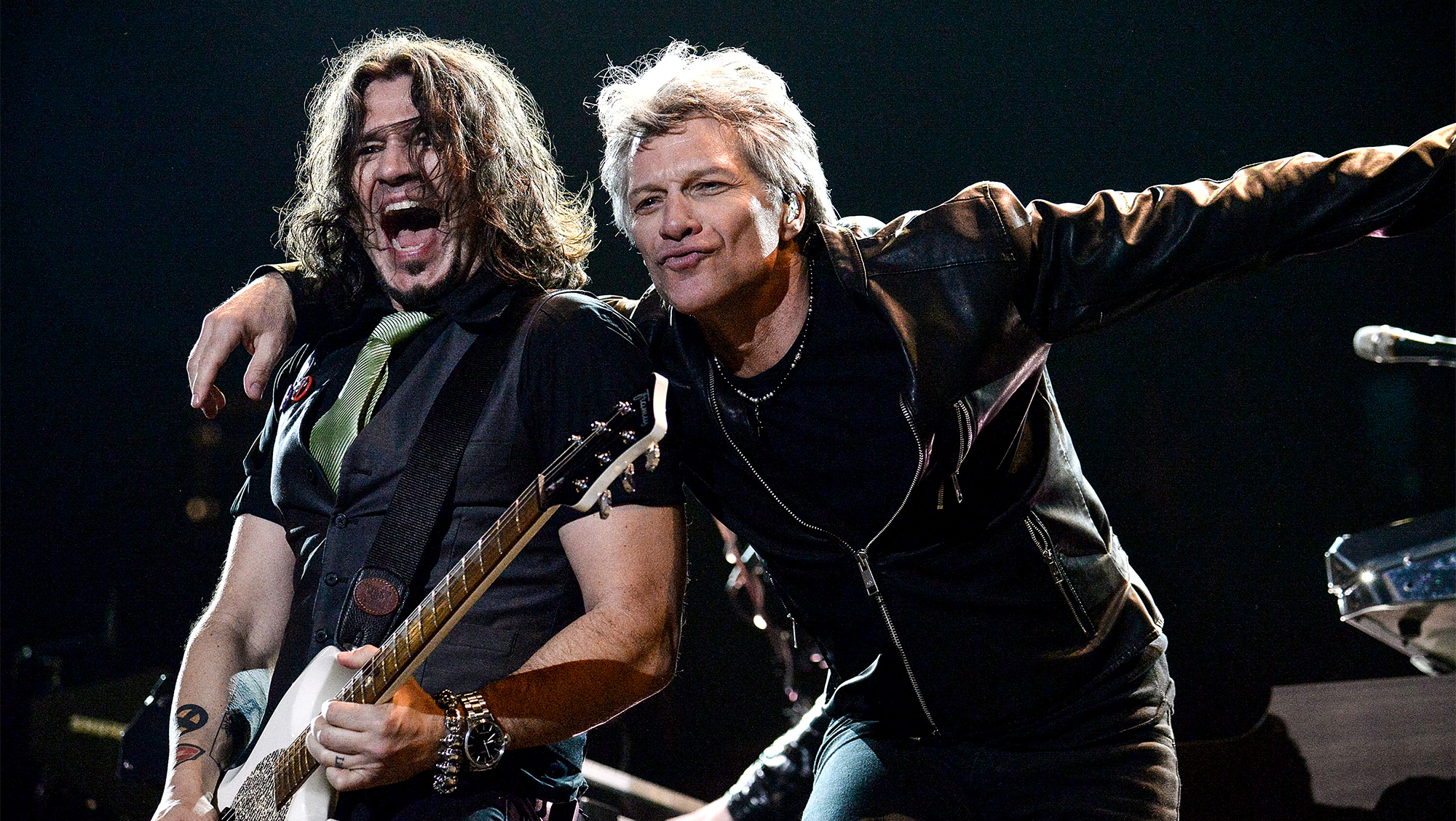 Phil X and Jon Bon Jovi of the band Bon Jovi perform onstage at The Forum on March 8, 2017 in Inglewood, California.