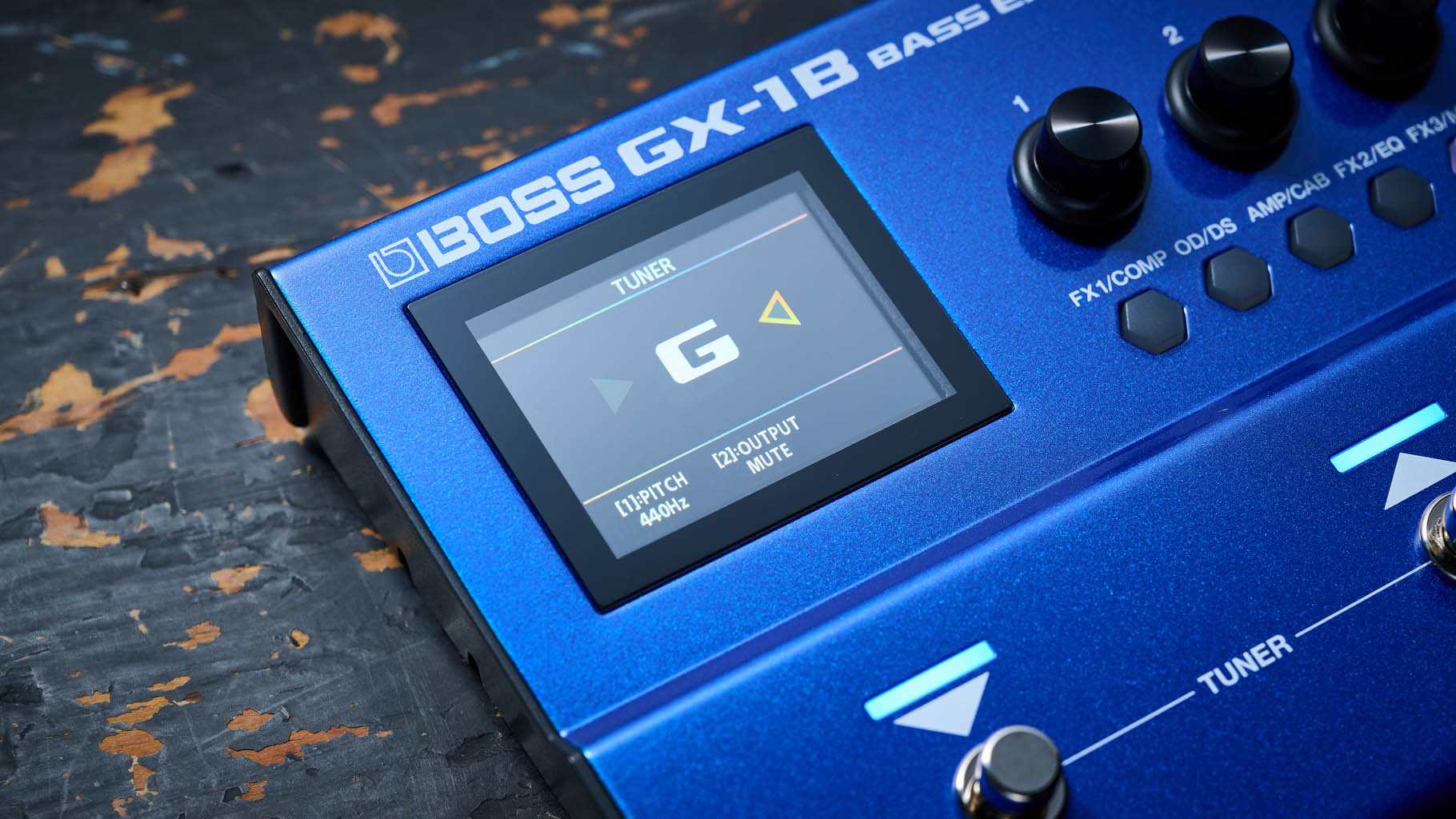 Boss GX-1B, the multi-effects pedal designed specifically for bass has a blue enclosure, three assignable footswitches and an integrated expression pedal &ndash; and it's digital display is easy to read.