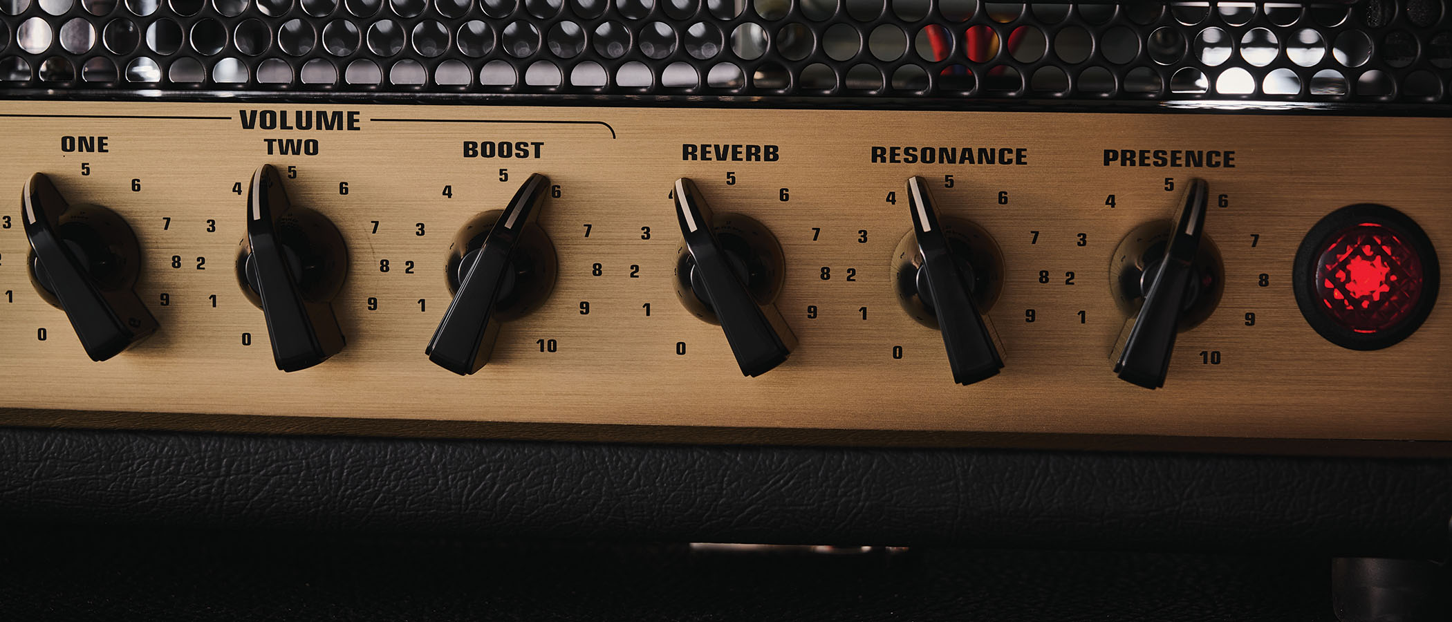 EVH 5150 Iconic Series 15-watt head: the black amp with gold control panel is photographed in close-up