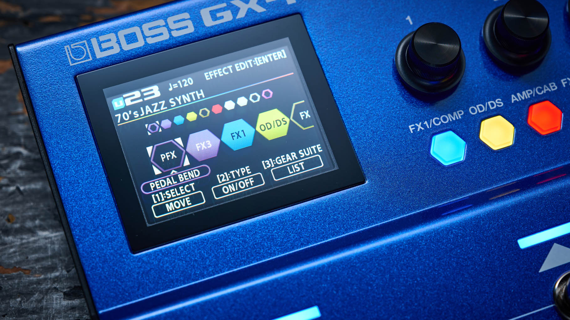 Boss GX-1B, the multi-effects pedal designed specifically for bass has a blue enclosure, three assignable footswitches and an integrated expression pedal &ndash; and it's digital display is easy to read.
