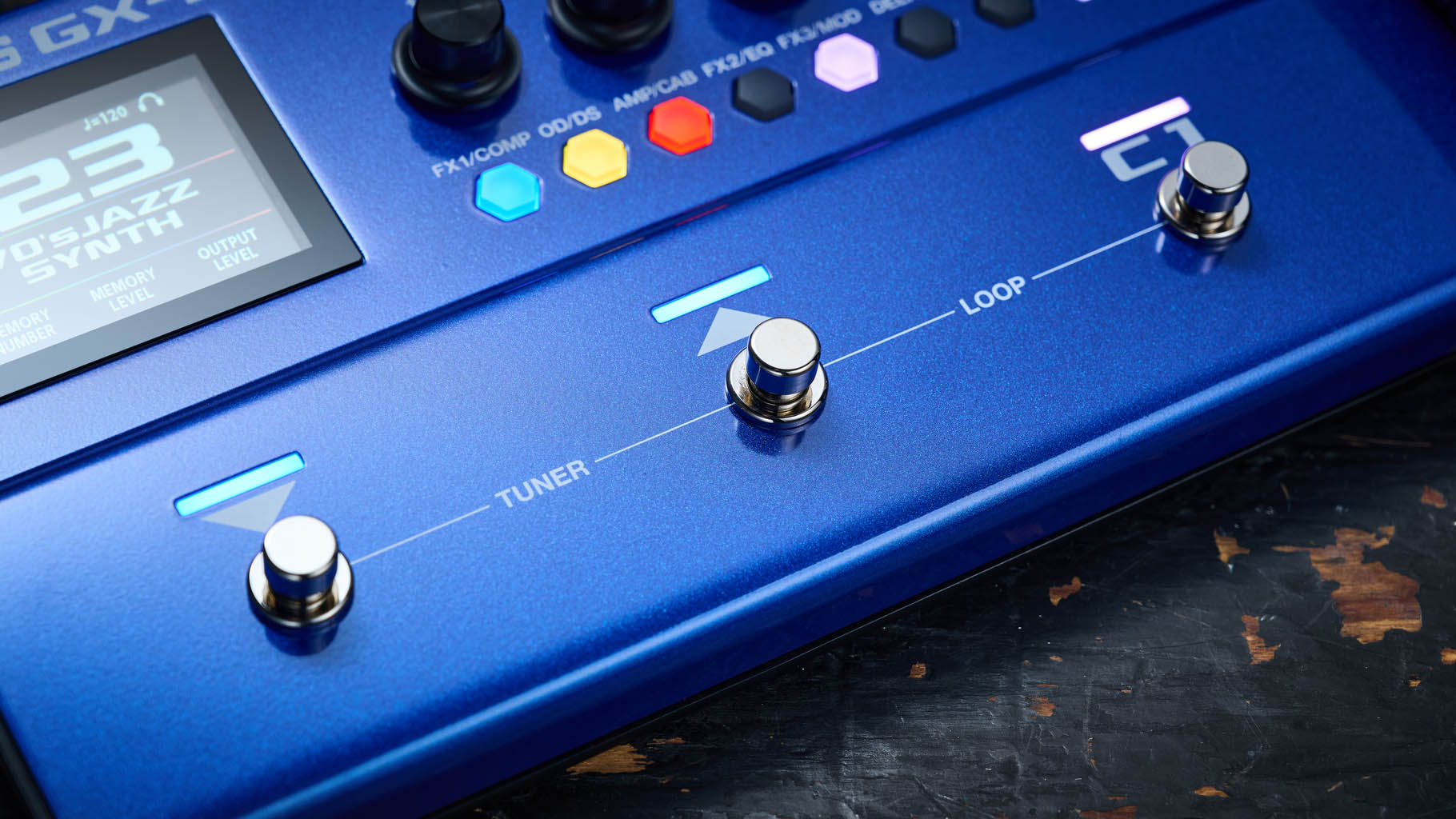 Boss GX-1B, the multi-effects pedal designed specifically for bass has a blue enclosure, three assignable footswitches and an integrated expression pedal &ndash; and it's digital display is easy to read.