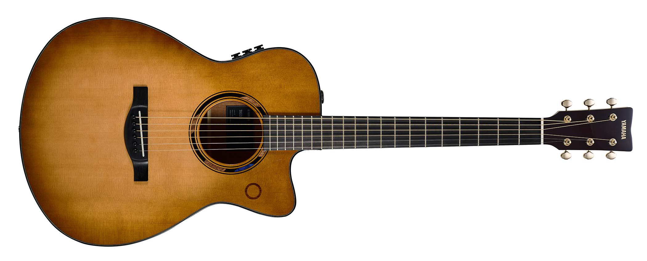 The Yamaha TransAcoustic TAG3 C is a cutaway acoustic guitar with a sandburst finished, photographed in closeup