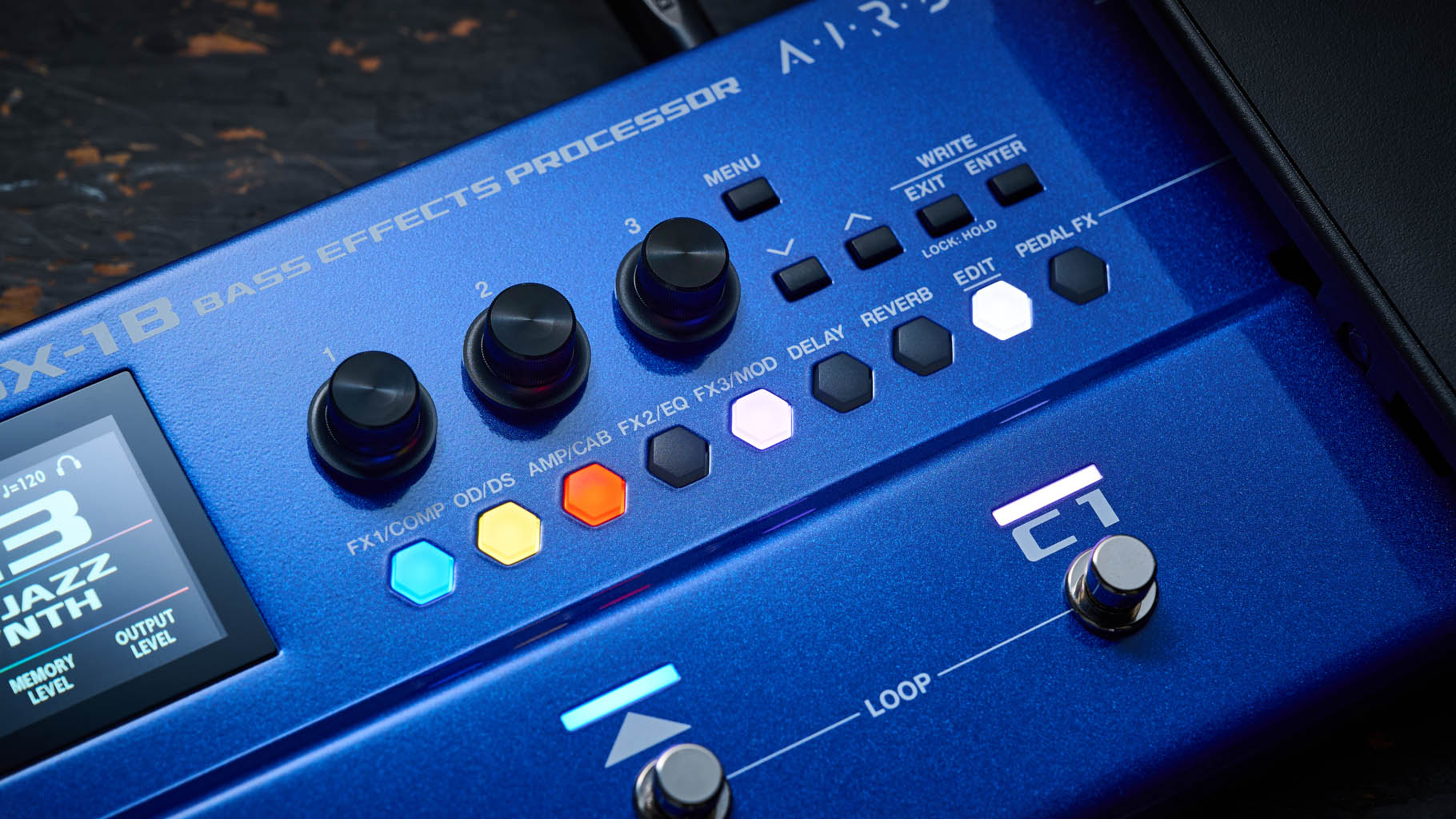 Boss GX-1B, the multi-effects pedal designed specifically for bass has a blue enclosure, three assignable footswitches and an integrated expression pedal &ndash; and it's digital display is easy to read.