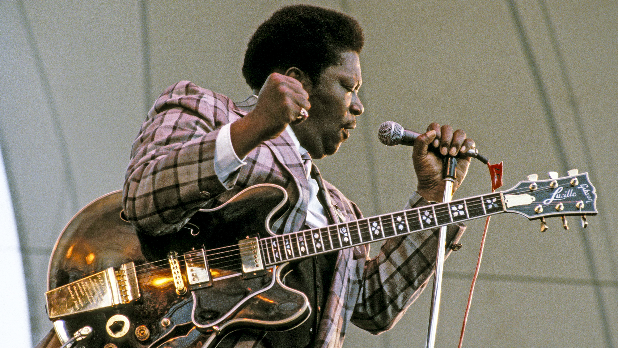American singer, songwriter and guitarist B.B. King (1925-2015) performs live on stage playing a Gibson ES-355 guitar named Lucille at the Capital Radio Jazz Festival at Alexandra Palace in London on 20 July 1979.