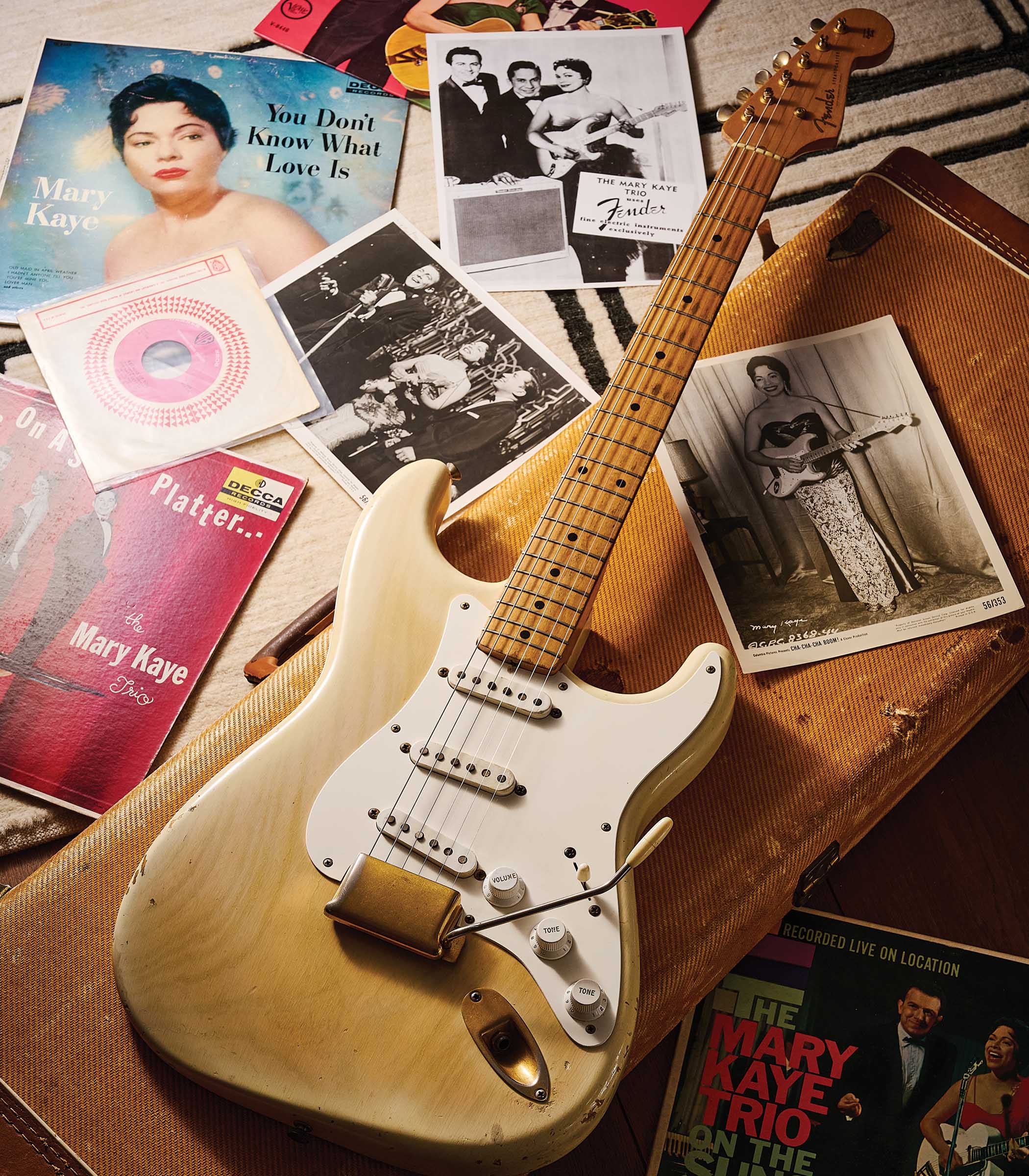 Fender Mary Kaye Stratocaster: As the very first &lsquo;Mary Kaye&rsquo; spec Stratocaster, it&rsquo;s fitting that it came with a small collection of the guitarist&rsquo;s ephemera.