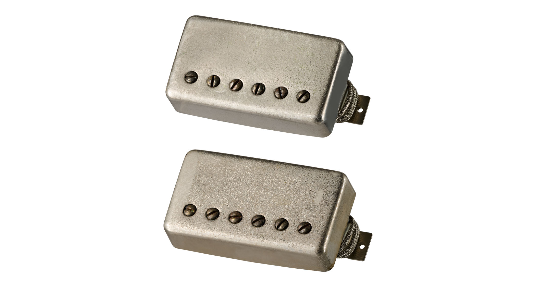 Gibson Custom Shop Aged Greenybucker Set: with the nickel housings given the Murphy Lab treatment, these are exacting replicas of the pickups found in the Gibson Custom Kirk Hammett &ldquo;Greeny&rdquo; Les Paul, complete with the out-of-phase middle position sound.