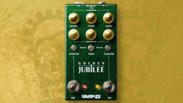 "Brian Wampler's Perspective on the Iconic Fire-Breathing Amps of the 1980s: Experience the Perfect Blend of Hot-Rodded Plexi Crunch and Mesa High-Gain Drive with Wampler's Golden Jubilee in a Gleaming Green Stompbox."]