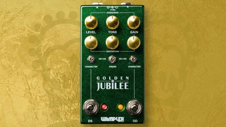 "Brian Wampler's Perspective on the Iconic Fire-Breathing Amps of the 1980s: Experience the Perfect Blend of Hot-Rodded Plexi Crunch and Mesa High-Gain Drive with Wampler's Golden Jubilee in a Gleaming Green Stompbox."]