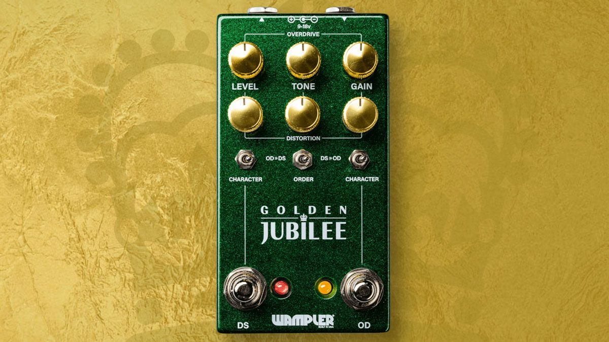 "Brian Wampler's Perspective on the Iconic Fire-Breathing Amps of the 1980s: Experience the Perfect Blend of Hot-Rodded Plexi Crunch and Mesa High-Gain Drive with Wampler's Golden Jubilee in a Gleaming Green Stompbox."]