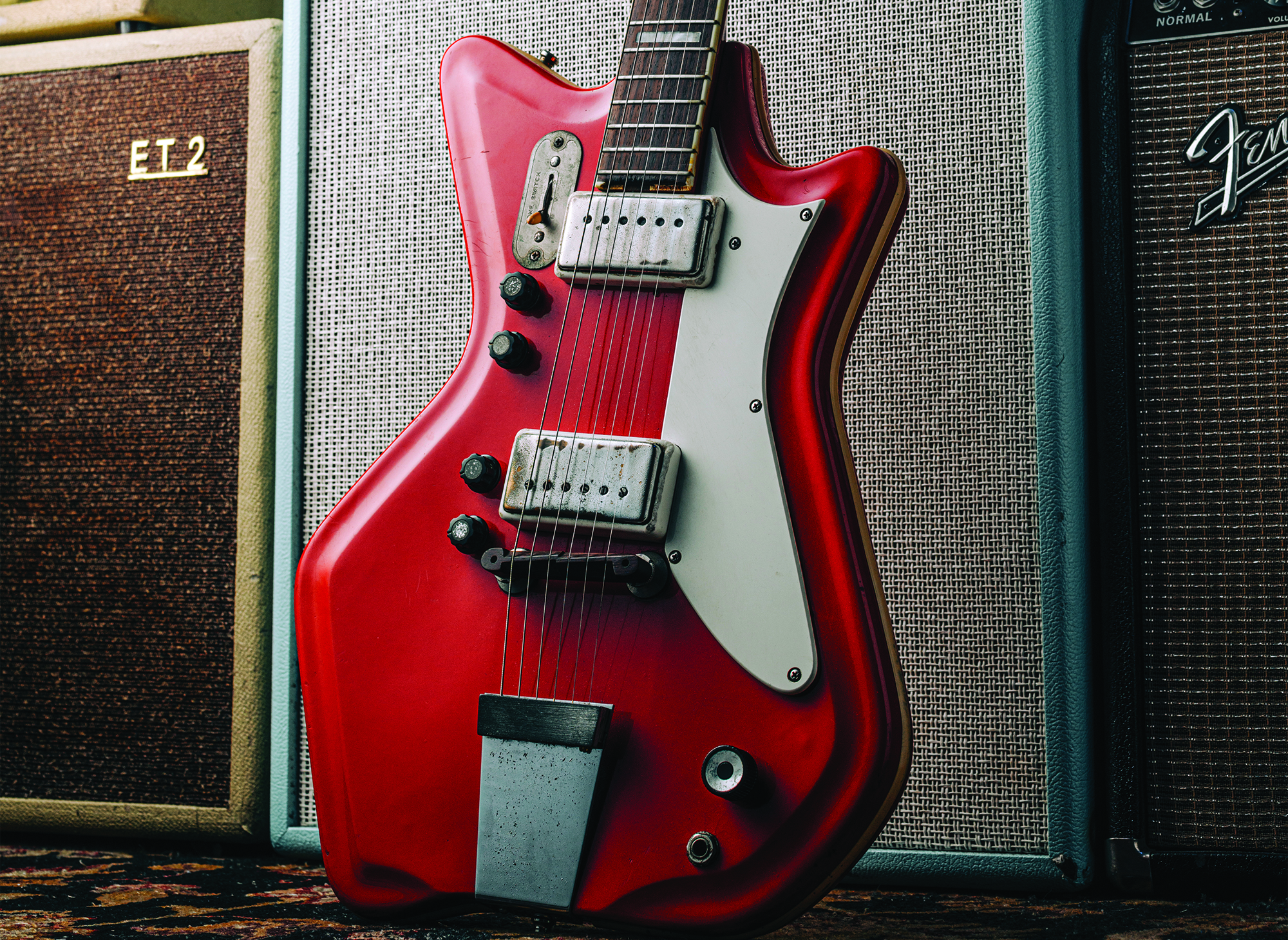 A detail photo of Jack White's 1964 &ldquo;JB Hutto&rdquo; Montgomery Ward Airline electric guitar