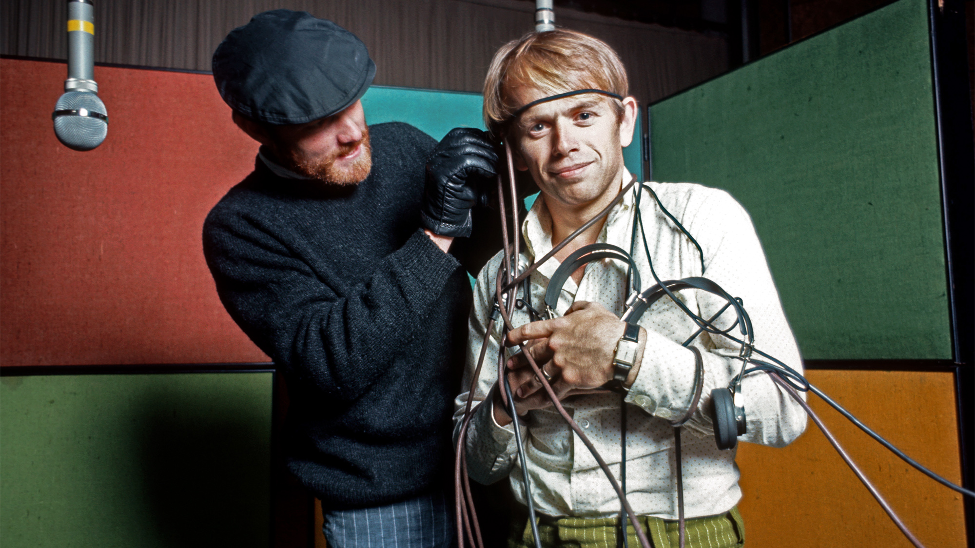 Singer Mike Love (wearing black) and guitarist Al Jardine (in white) of the rock and roll band "The Beach Boys" goof around while recording the never released album "Smile" in 1967 in Los Angeles, California.