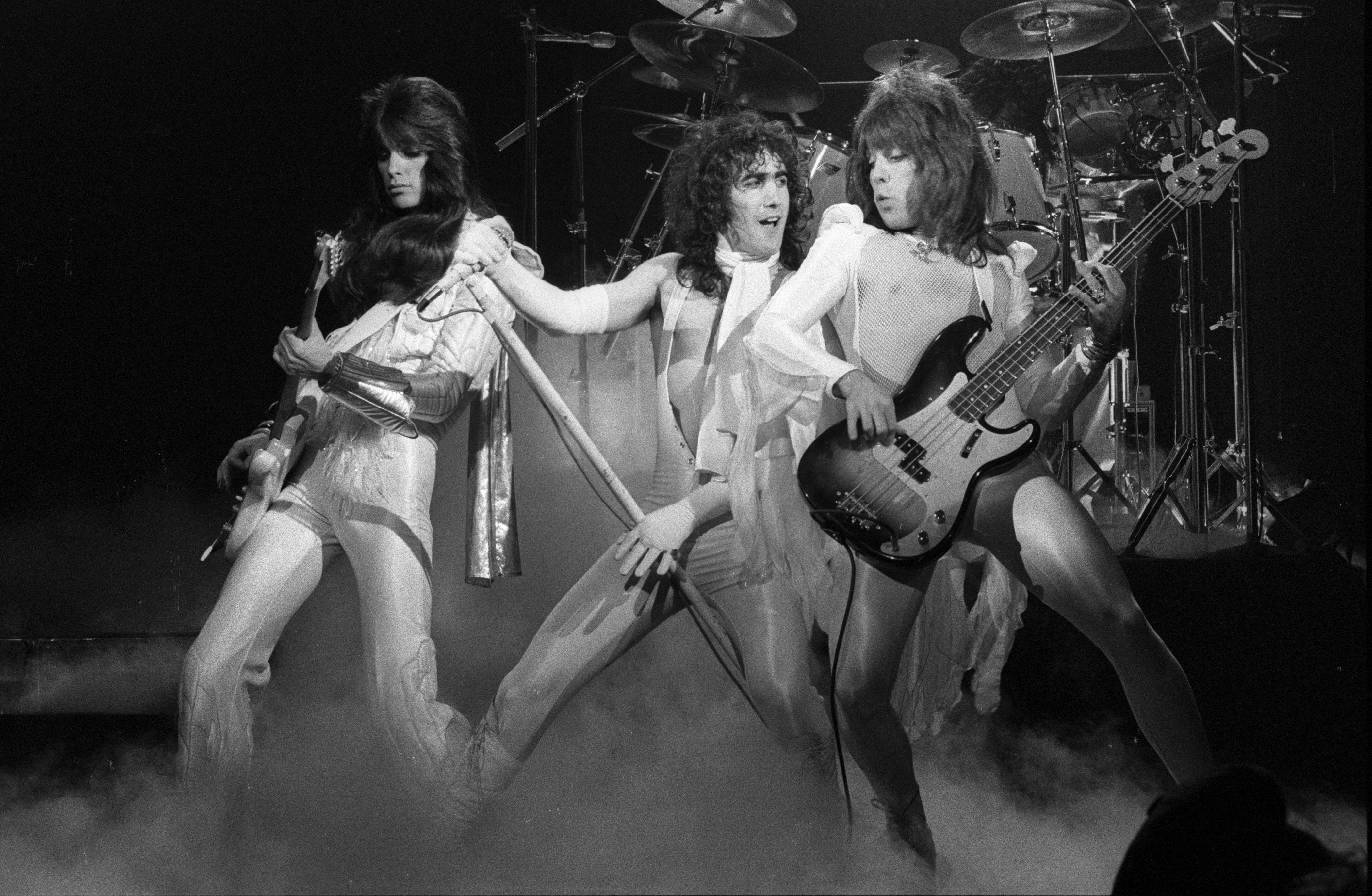 (L-R) Punky Meadows, Frank Dimino and Mickie Jones of the American rock band Angel perform on stage in New York c.1976