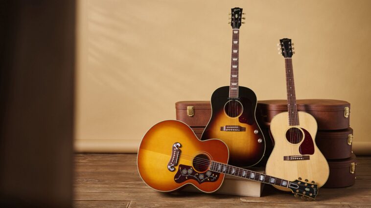 The Beatles-approved J-160E returns as Gibson unveils three Original Collection flat-tops honoring the golden age of acoustic guitar craftsmanship.]