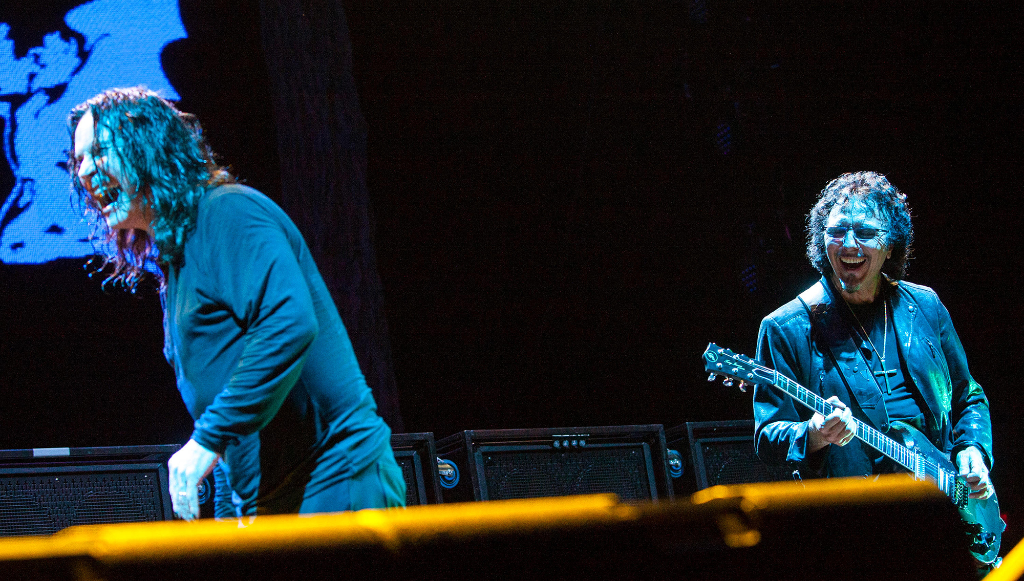 Ozzy Osbourne, left, and Tony Iommi laugh on stage as Black Sabbath rocks the MidFlorida Credit Union Amphitheatre on Monday, July 29, 2013 in Tampa, Florida