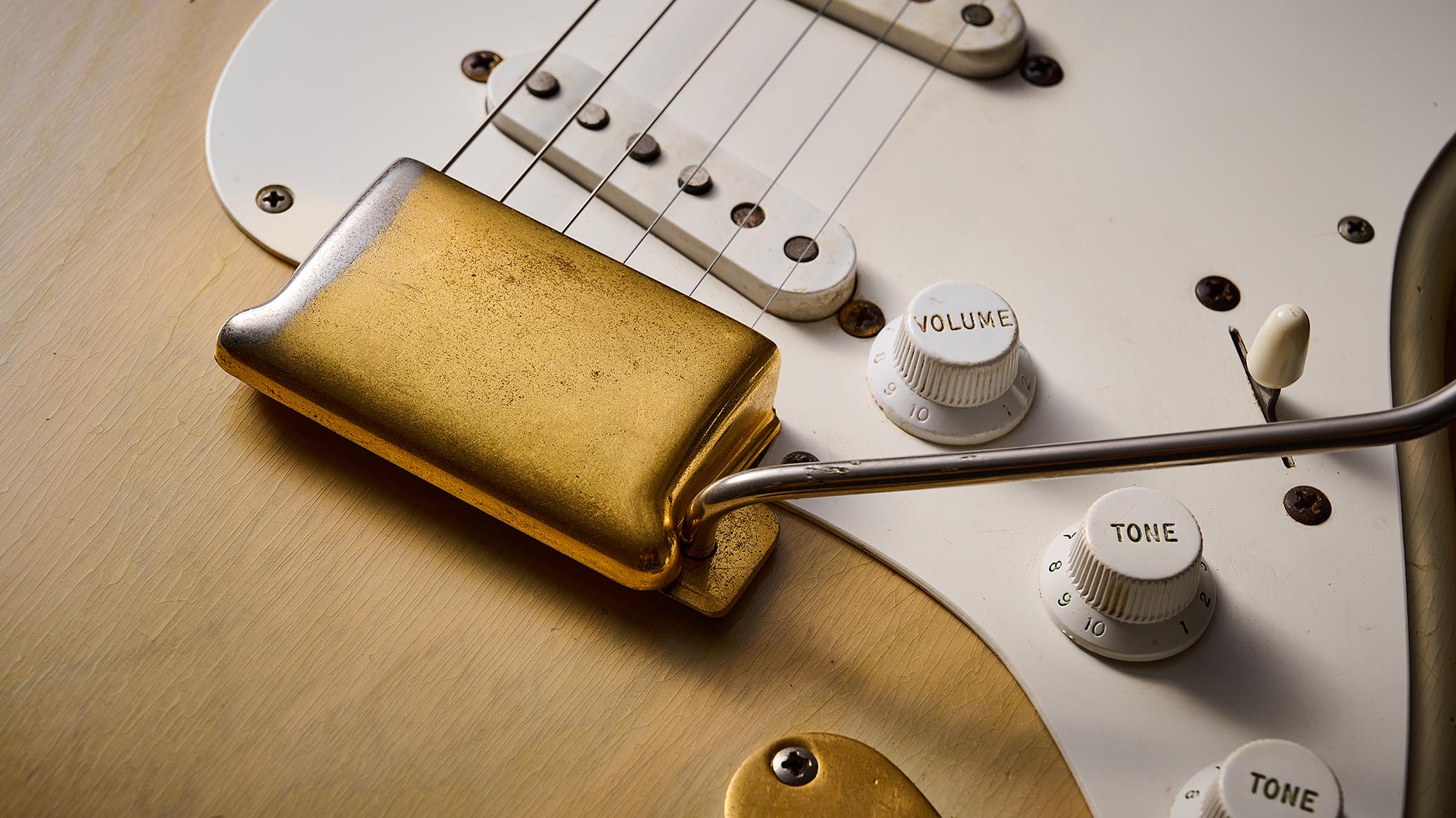 A close-up shot of the bridge on a Fender Mary Kaye Stratocaster