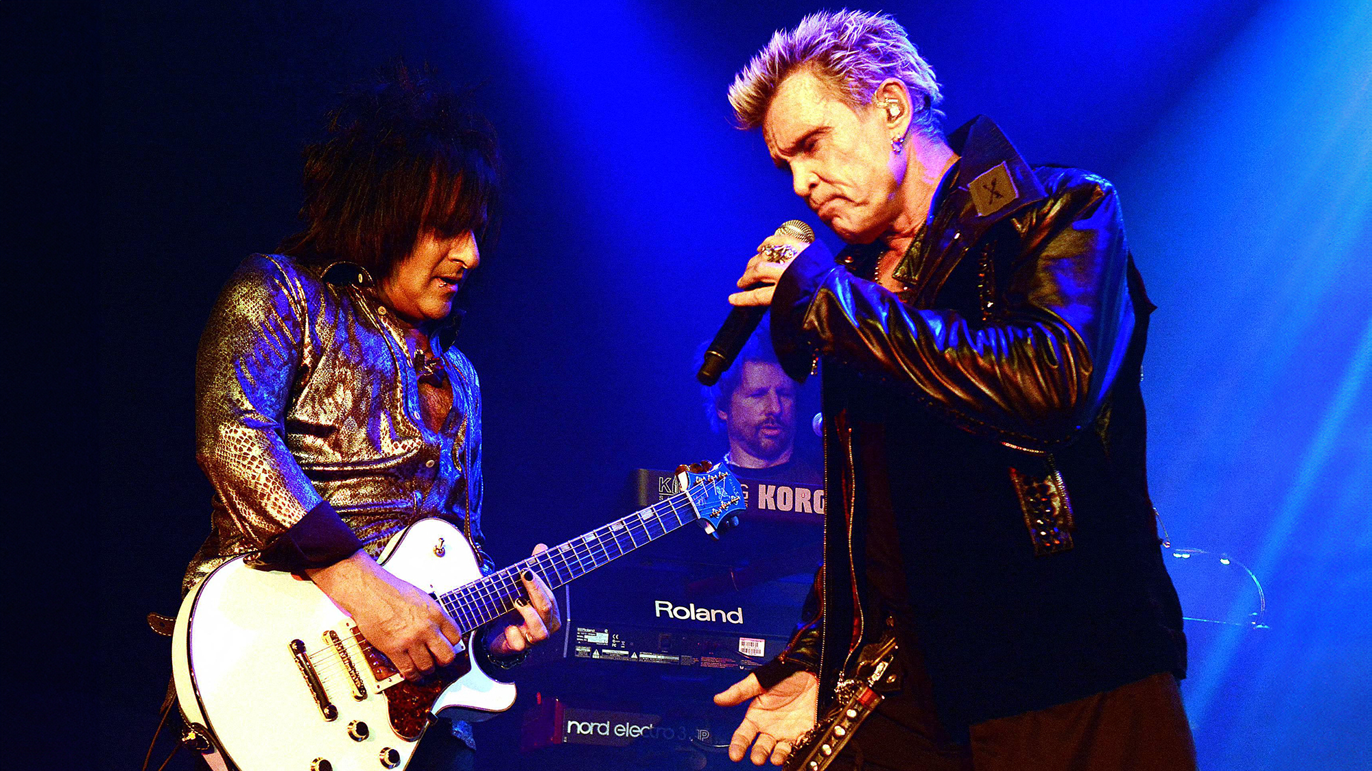 Steve Stevene (left) and Billy Idol onstage at Vicar Street in Dublin, 08 Nov 2014