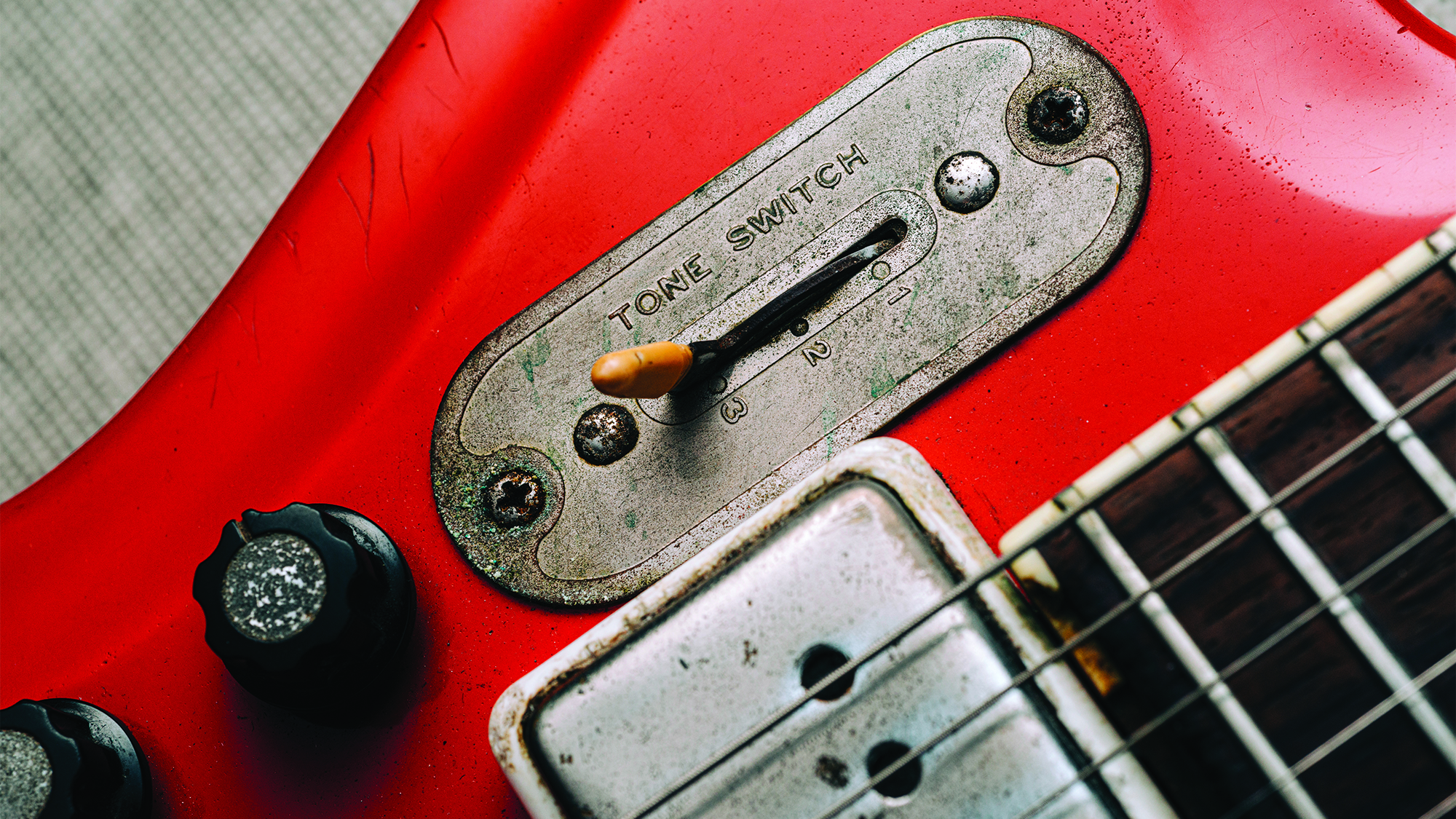 A detail photo of Jack White's 1964 &ldquo;JB Hutto&rdquo; Montgomery Ward Airline electric guitar