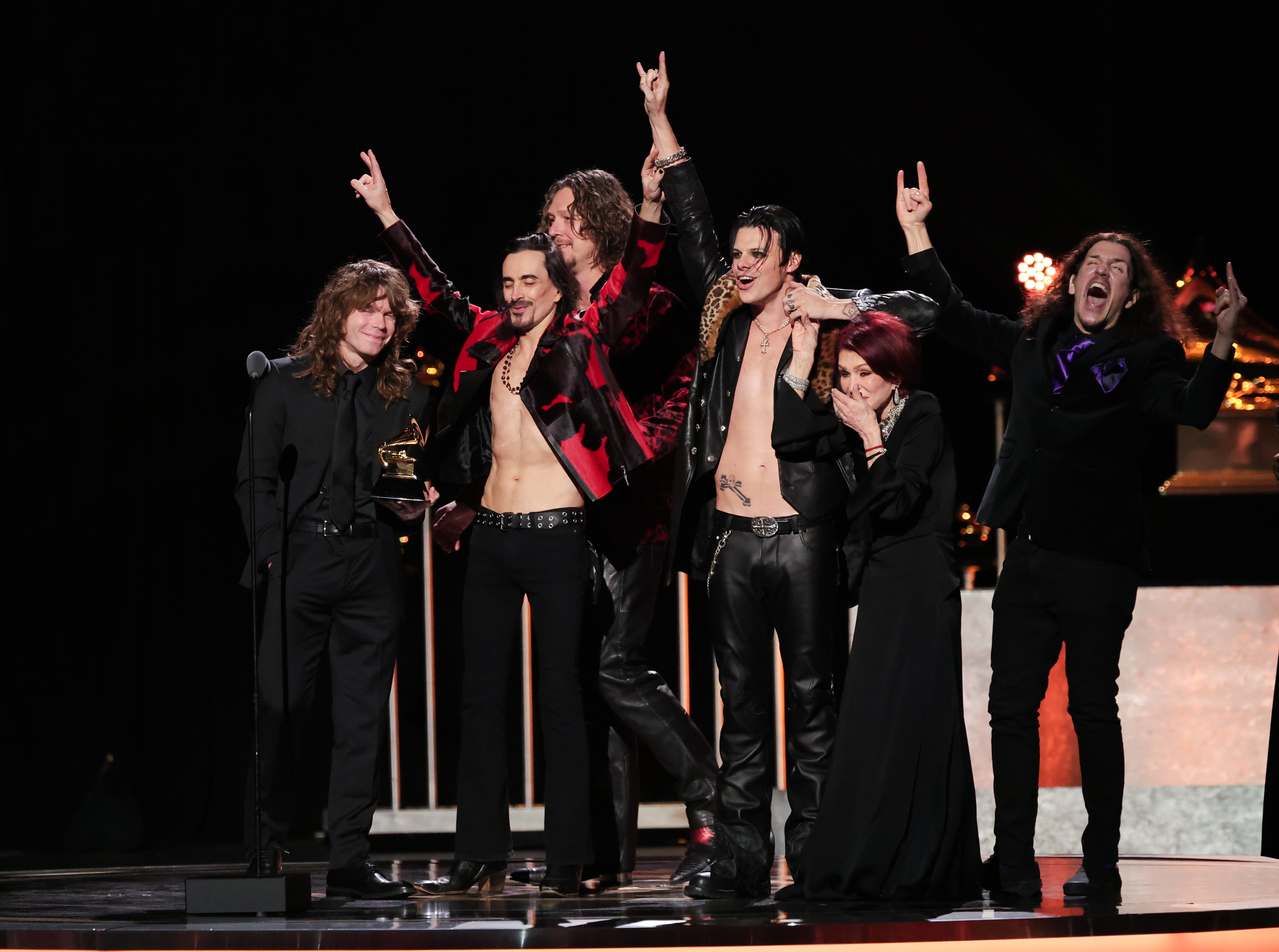 Jesse Welles, Nuno Bettencourt, Adam Wakeman, YUNGBLUD, Sharon Osbourne and Frank Bello accept the Best Rock Performance award for "Changes (Live From Villa Park) Back To The Beginning" onstage at the 68th GRAMMY Awards held at the Crypto.com Arena on February 01, 2026 in Los Angeles, California