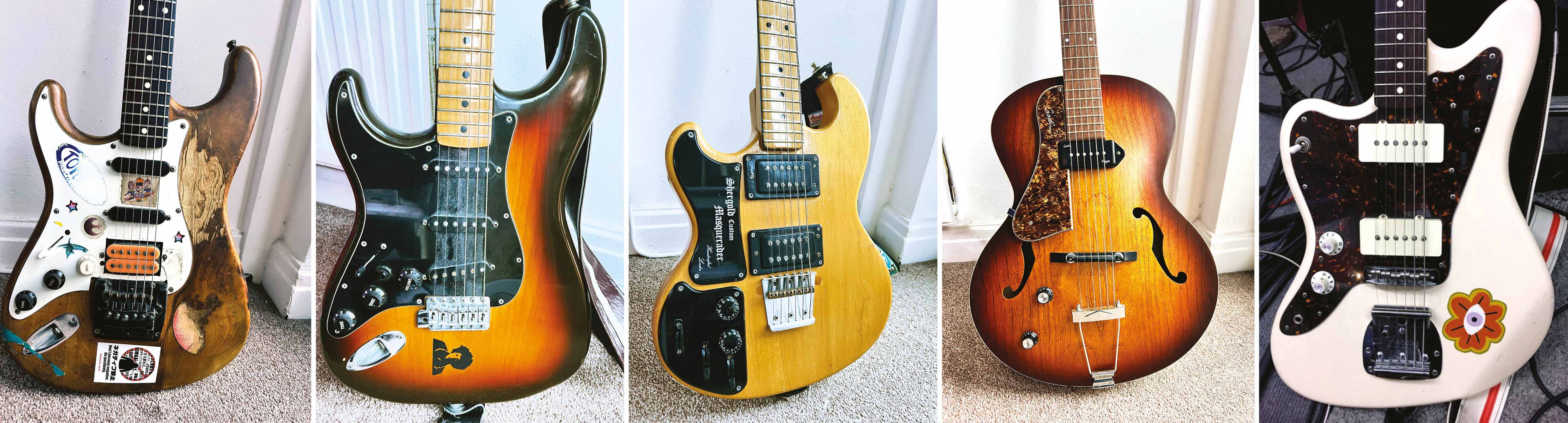 Mike Vennart's guitars [L-R] &rsquo;80s Japanese Squier Strat, 1978 Fender Strat, Shergold Masquerader, Godin 5th Ave, Fender Jazzmaster